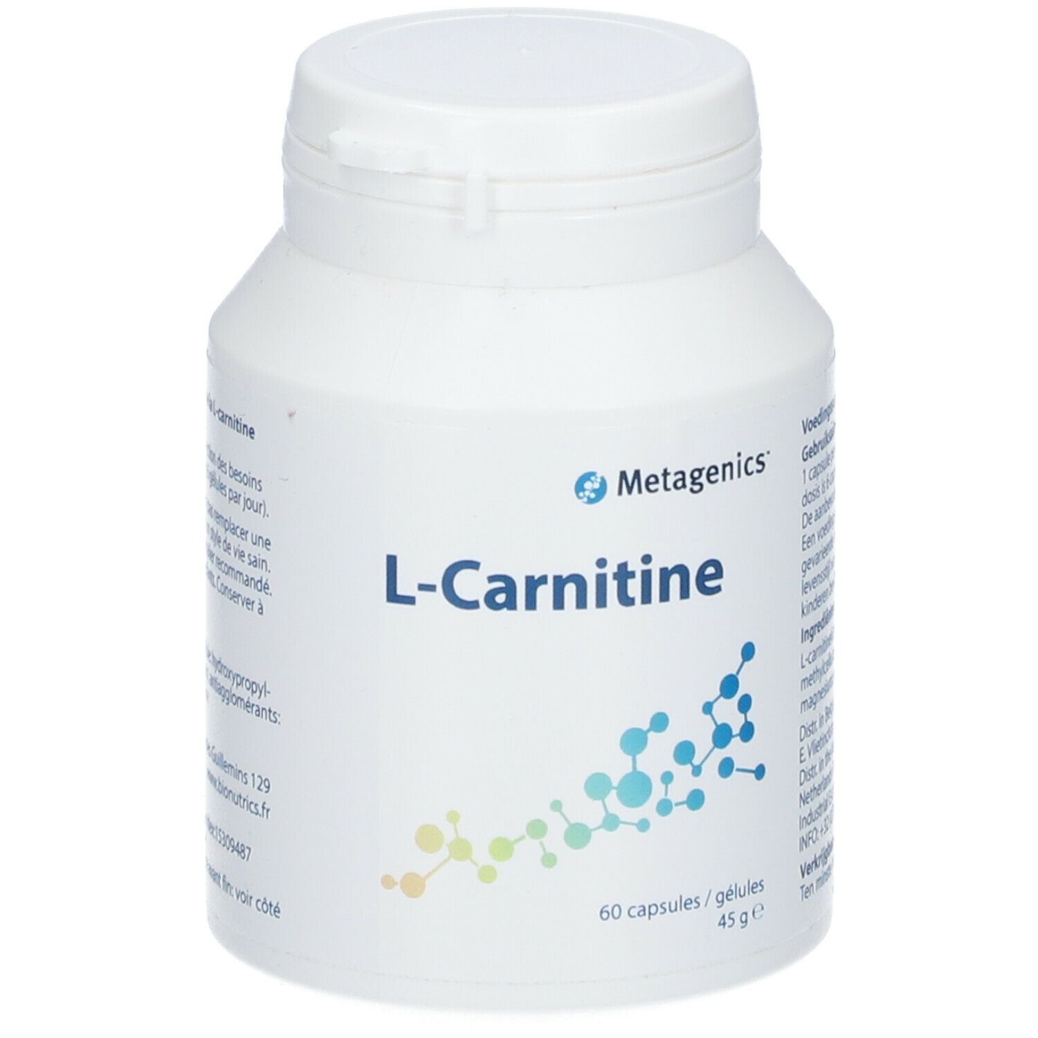 Flacon blanc Metagenics L-Carnitine. 60 gélules. Graphique bleu, vert et jaune en bas.