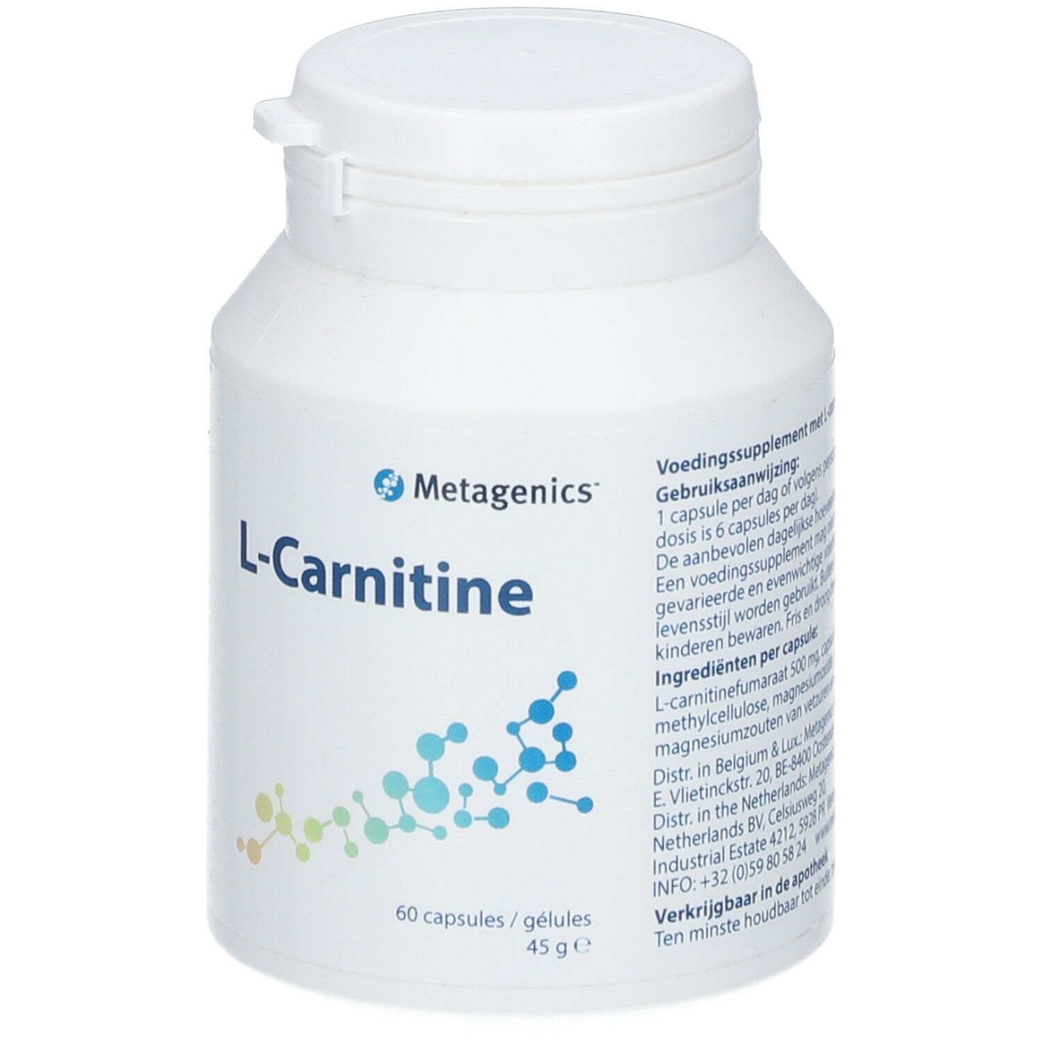 Flacon blanc Metagenics L-Carnitine. 60 gélules. Graphique bleu, vert et jaune en bas.