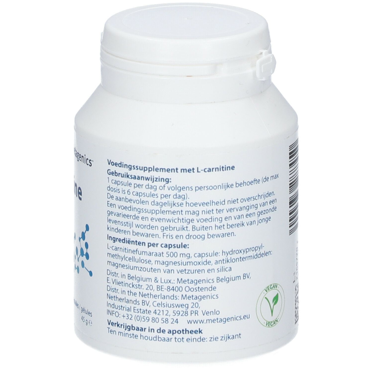 Dos du flacon blanc L-Carnitine. Texte avec ingrédients, mode d'emploi et label végétalien.