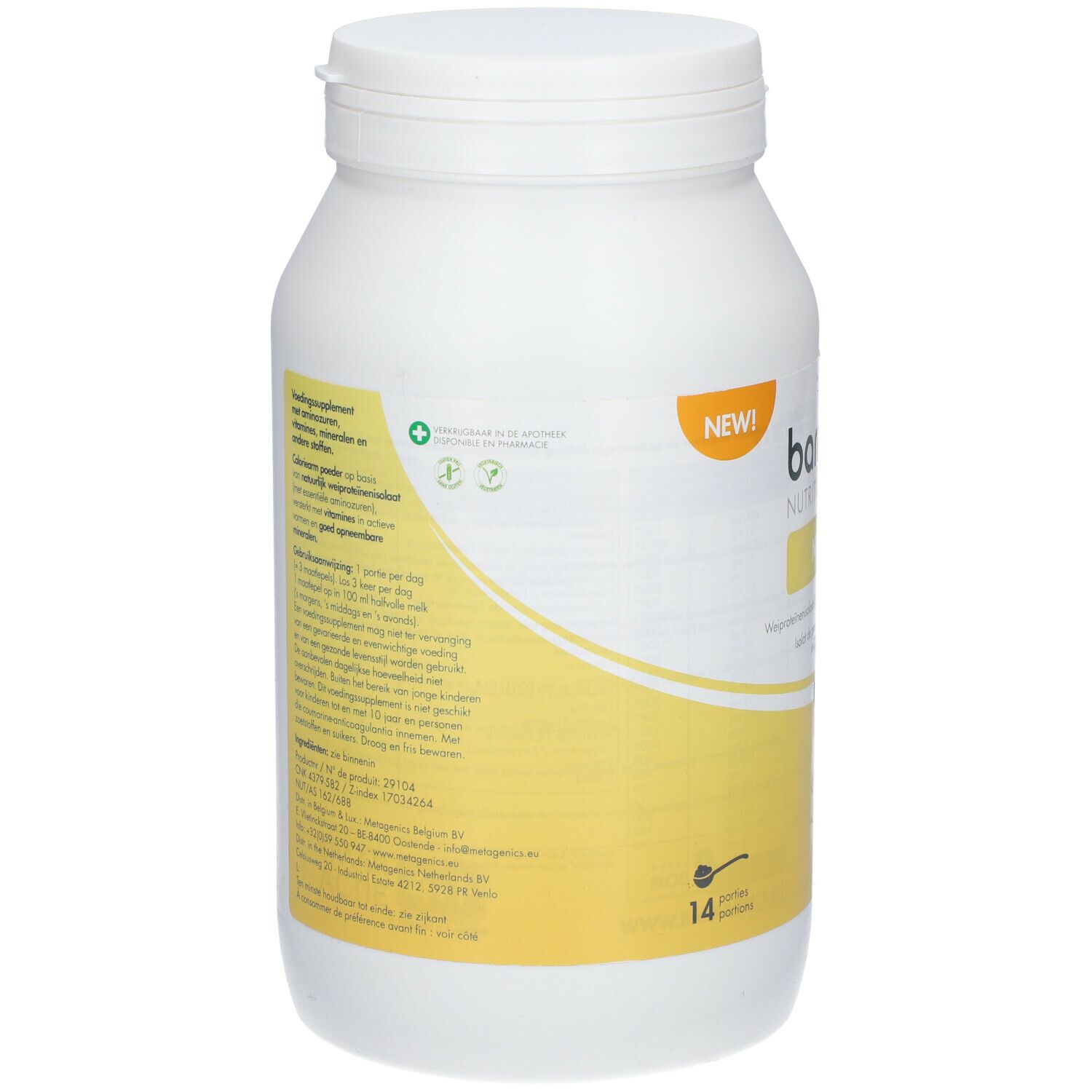 Achterkant van de witte pot Barinutrics Nutri Total. Geel etiket met info en logo. 14 porties.