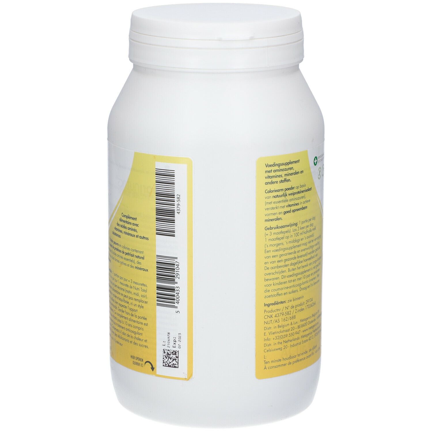 Achterkant van de witte pot Barinutrics Nutri Total. Geel etiket met info, barcode en logo.