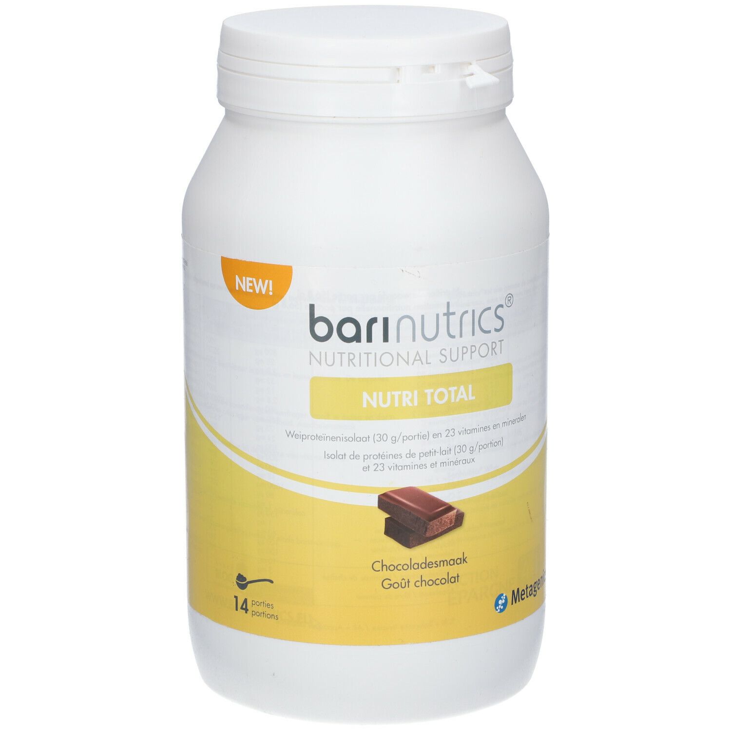 Witte pot Barinutrics Nutri Total, chocoladesmaak. Etiket met info en logo. 14 porties.
