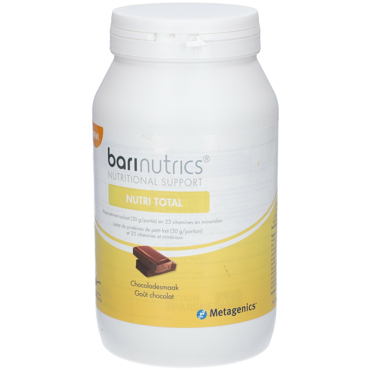 Witte pot Barinutrics Nutri Total, chocoladesmaak. Etiket met info en logo.