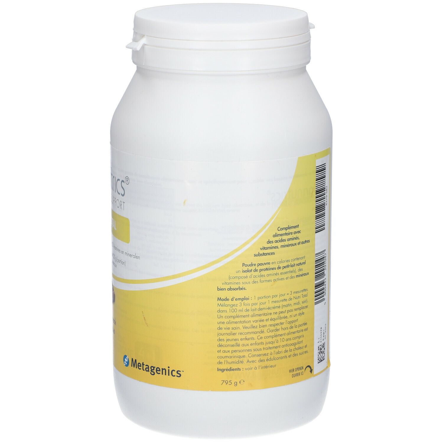 Achterkant van de witte pot Barinutrics Nutri Total. Geel etiket met info en logo.