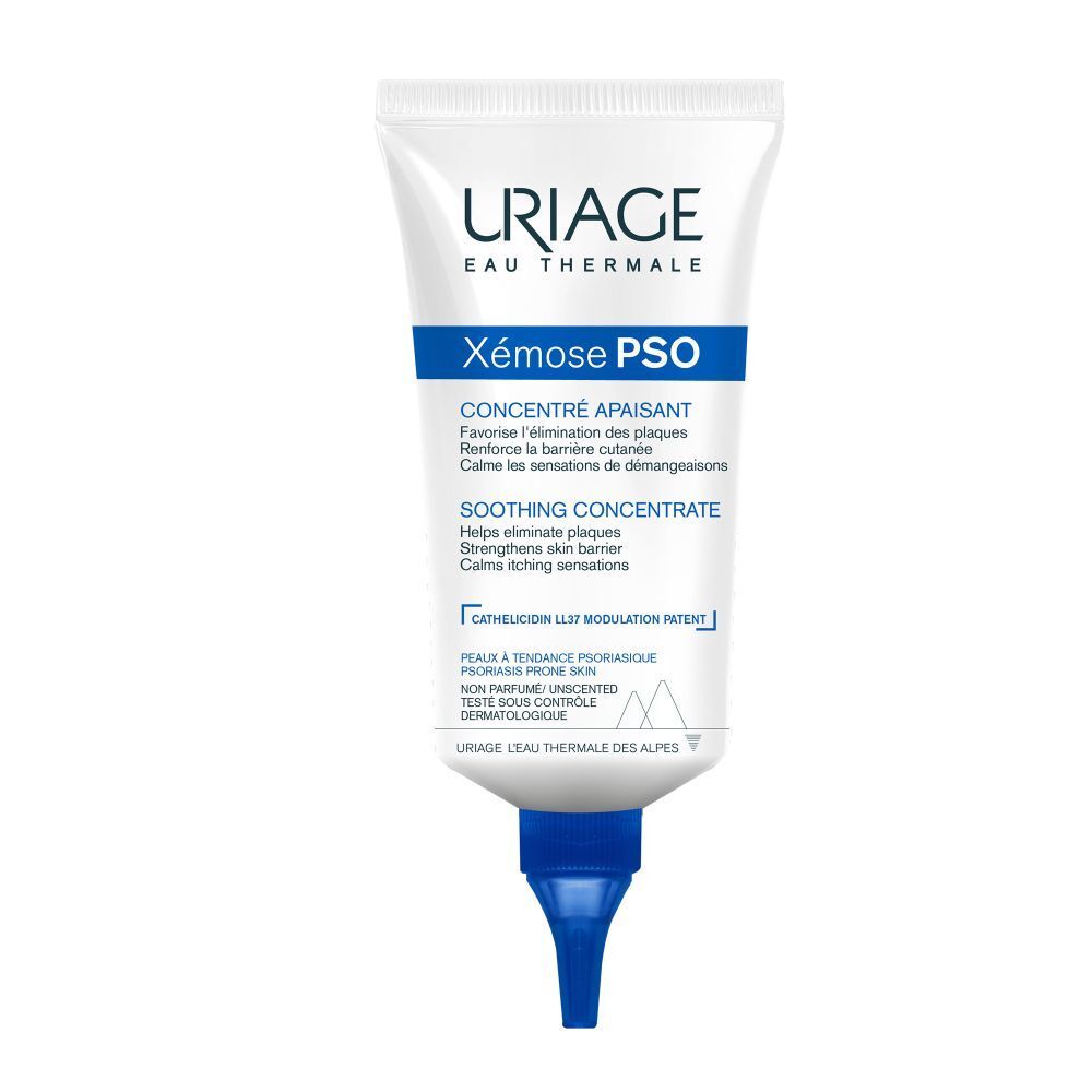 Tube blanc URIAGE Xémose PSO. Texte : Concentré apaisant. Embout bleu. Écriture bleue et blanche.