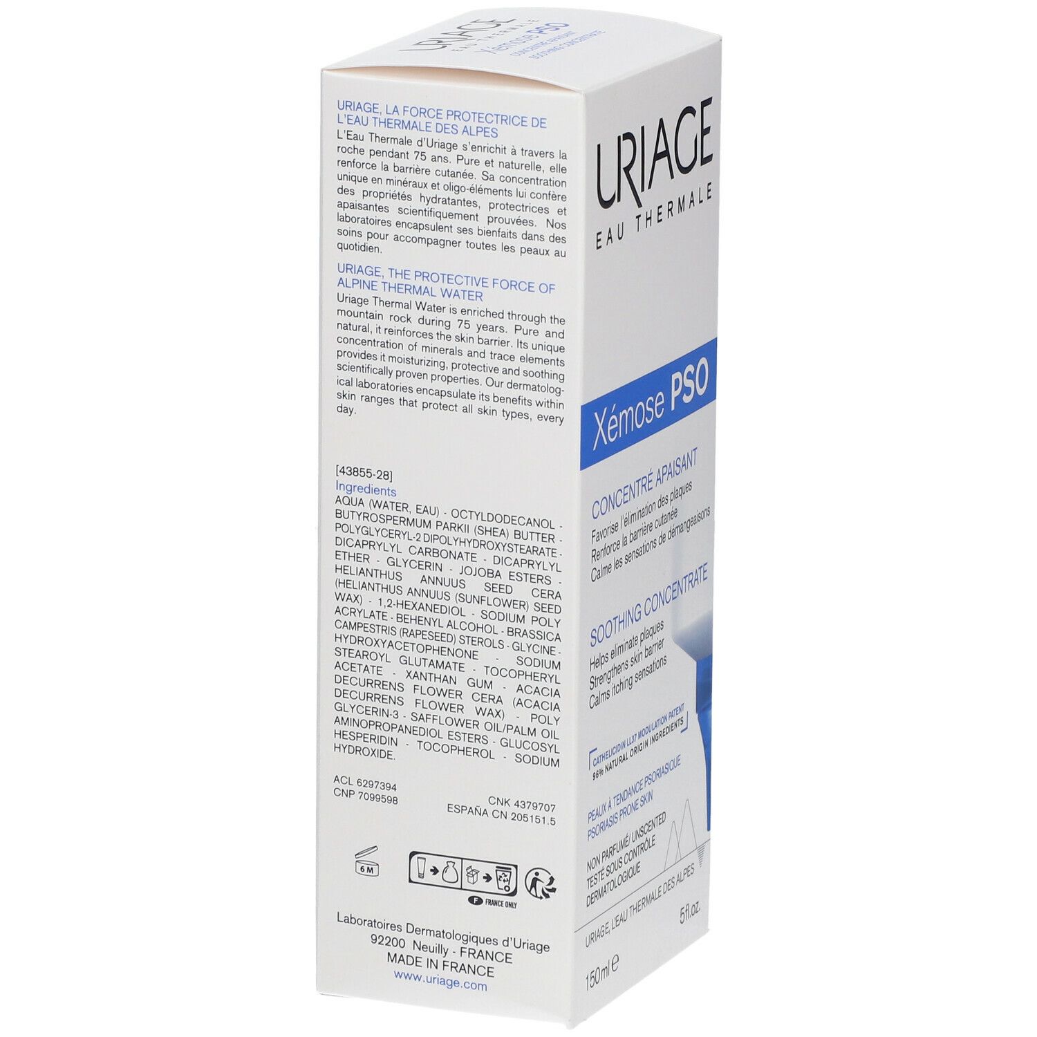 Achterkant van de witte doos met URIAGE Xémose PSO. Tekst en ingrediënten. Merk URIAGE.