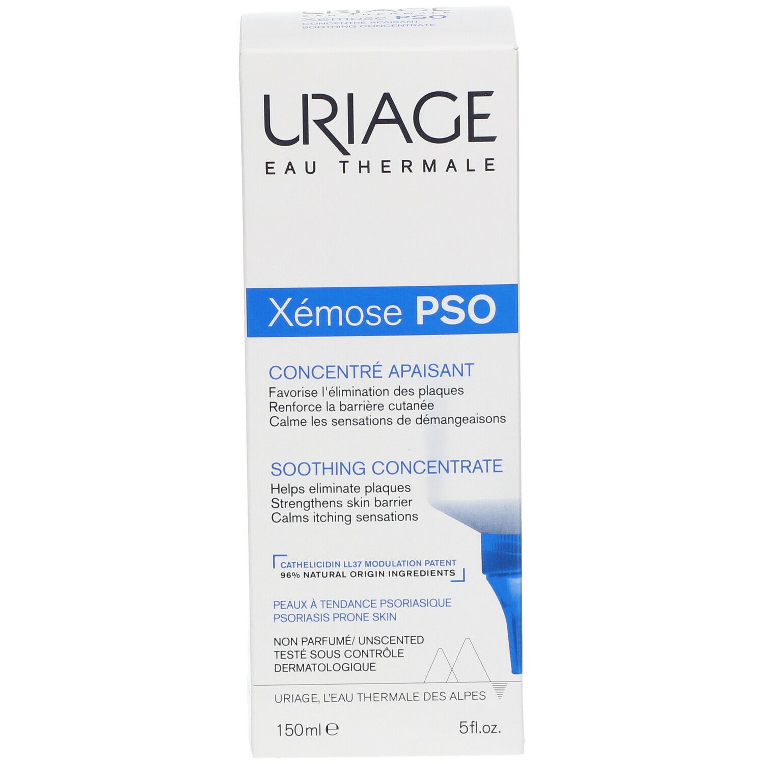 Witte doos met URIAGE Xémose PSO. Tekst: Kalmerend concentraat. 150ml. Blauwe en witte tekst.