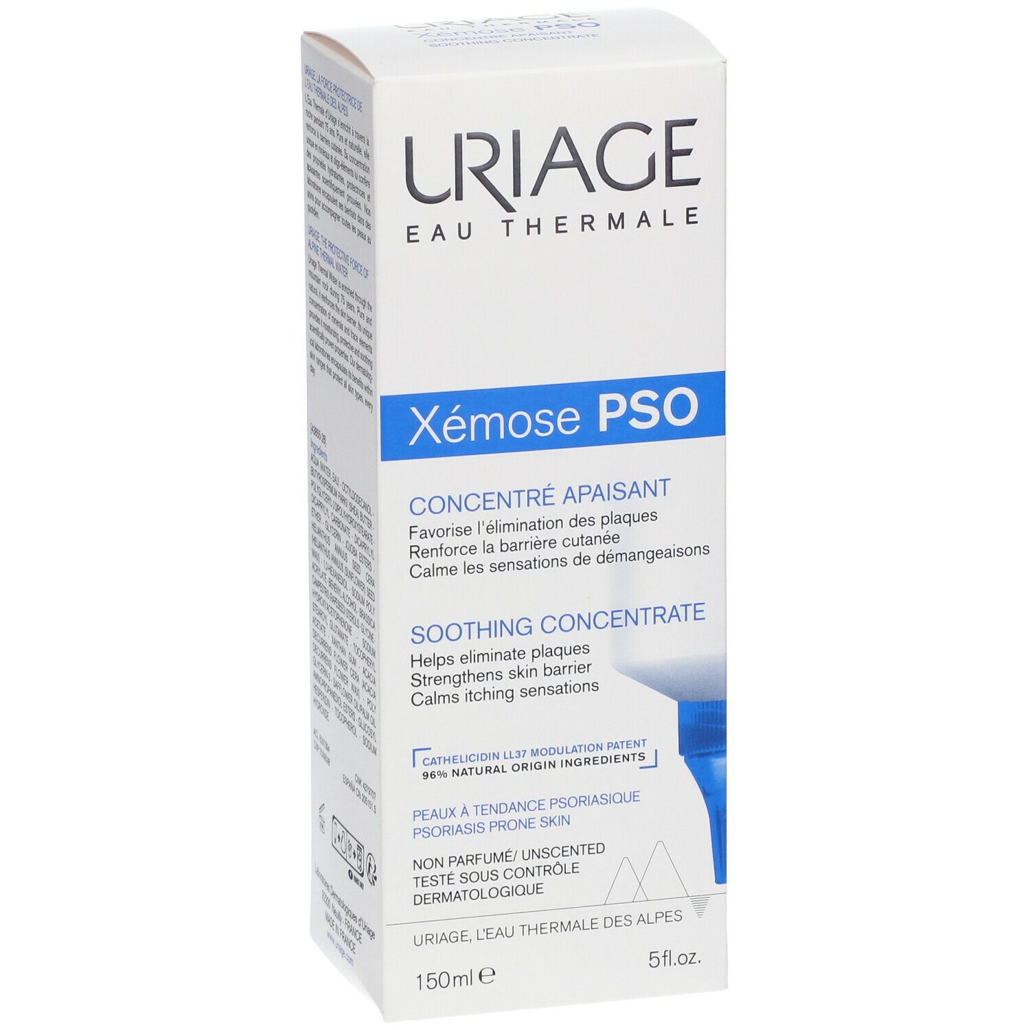 Witte doos met URIAGE Xémose PSO. Tekst: Kalmerend concentraat. 150ml. Blauwe en witte tekst.