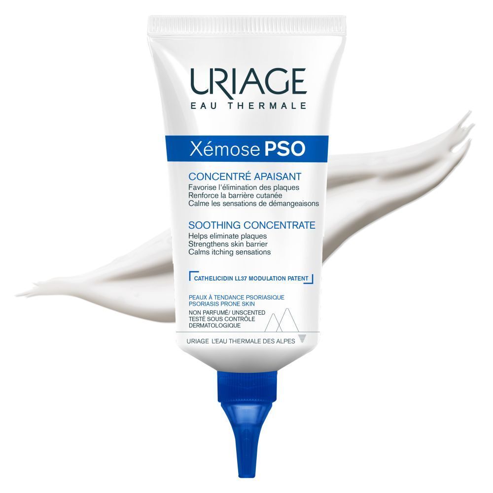 Close-up van een witte tube URIAGE Xémose PSO. Blauwe punt. Tekst en vloeistof.