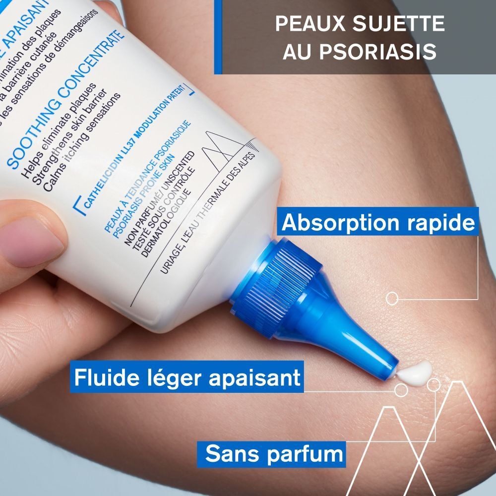 Gros plan d'un tube blanc URIAGE Xémose PSO. Embout bleu. Texte et liquide.