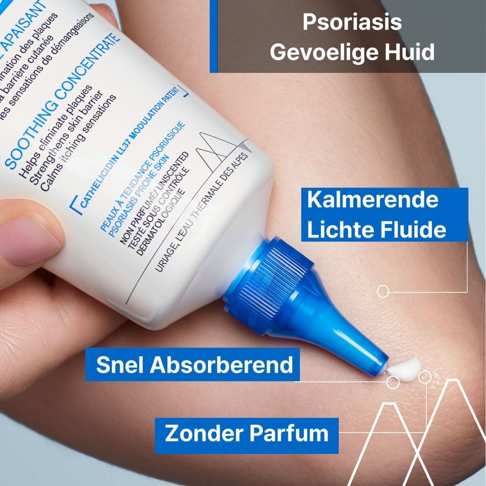 Close-up van een witte tube URIAGE Xémose PSO. Blauwe punt. Tekst en vloeistof.