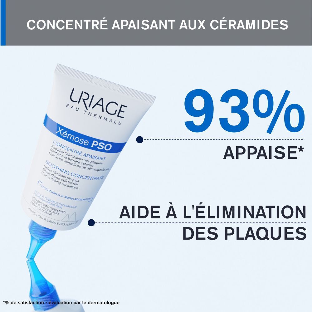 Gros plan d'un tube blanc URIAGE Xémose PSO. Embout bleu. Texte et liquide.