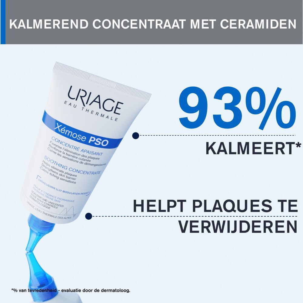 Close-up van een witte tube URIAGE Xémose PSO. Blauwe punt. Tekst en vloeistof.