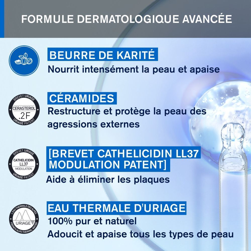 Tube blanc URIAGE Xémose PSO. Texte : Concentré apaisant. Embout bleu. Écriture bleue et blanche.