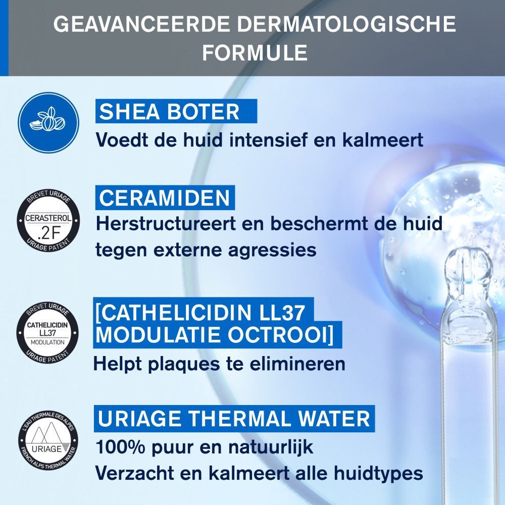 Witte tube URIAGE Xémose PSO. Tekst: Kalmerend concentraat. Blauwe punt. Blauwe en witte tekst.