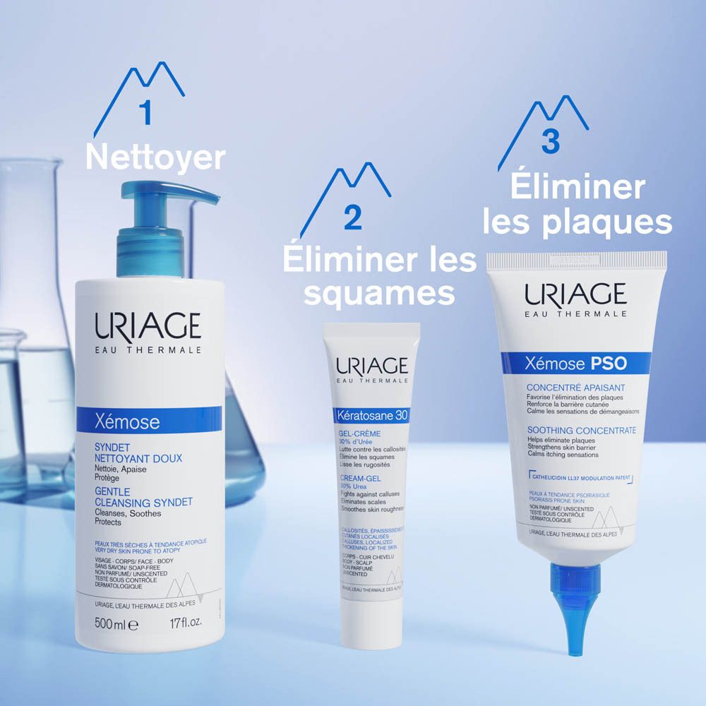 Tube blanc URIAGE Xémose PSO. Texte : Concentré apaisant. Embout bleu. Écriture bleue et blanche.