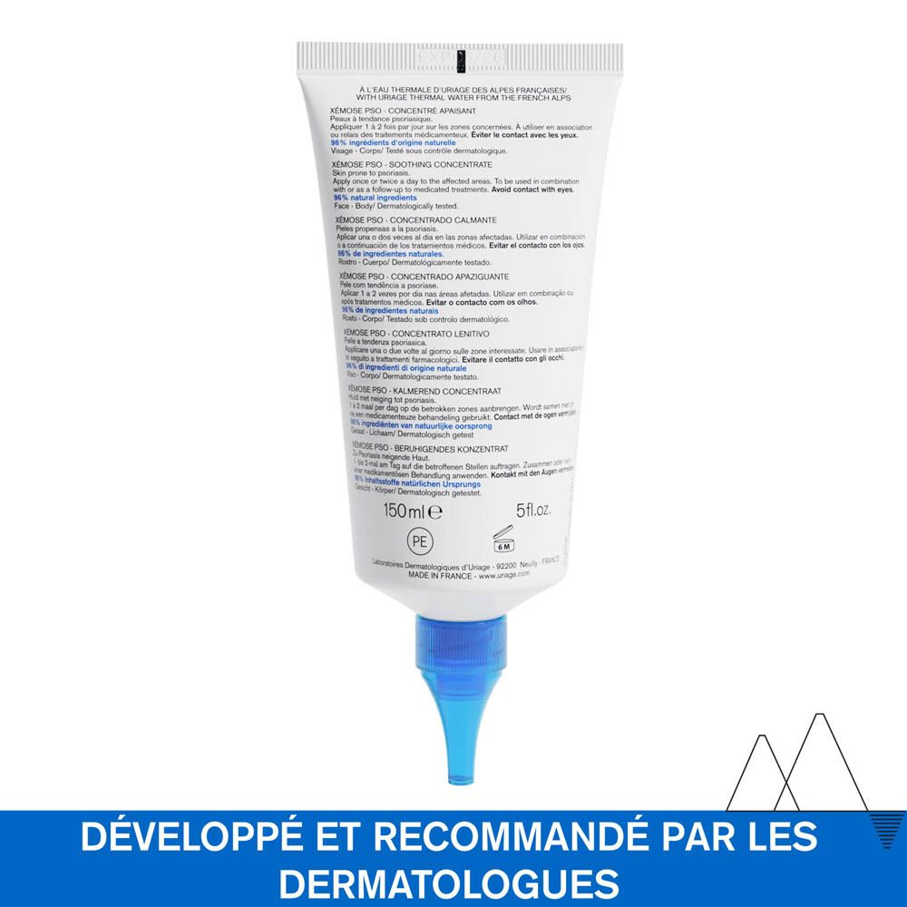 Tube blanc URIAGE Xémose PSO. Texte : Concentré apaisant. Embout bleu. Écriture bleue et blanche.