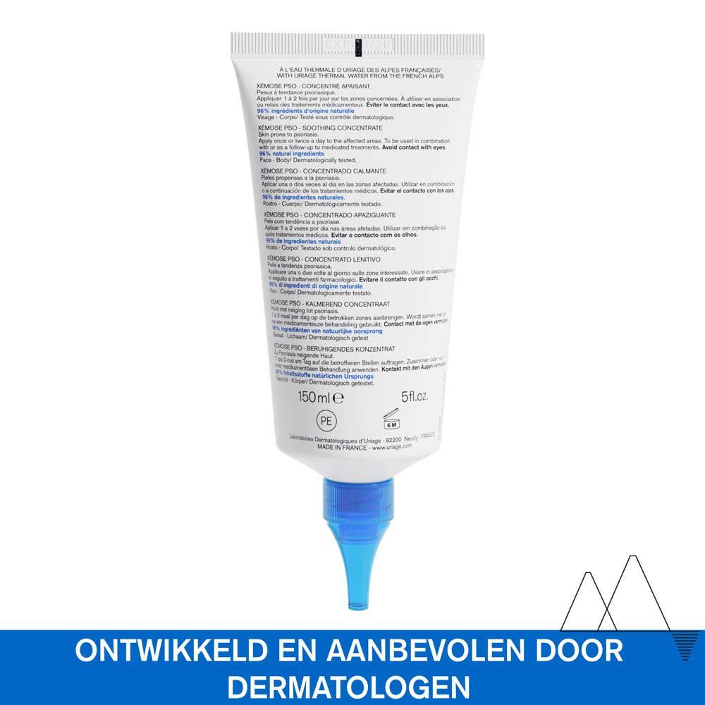 Witte tube URIAGE Xémose PSO. Tekst: Kalmerend concentraat. Blauwe punt. Blauwe en witte tekst.