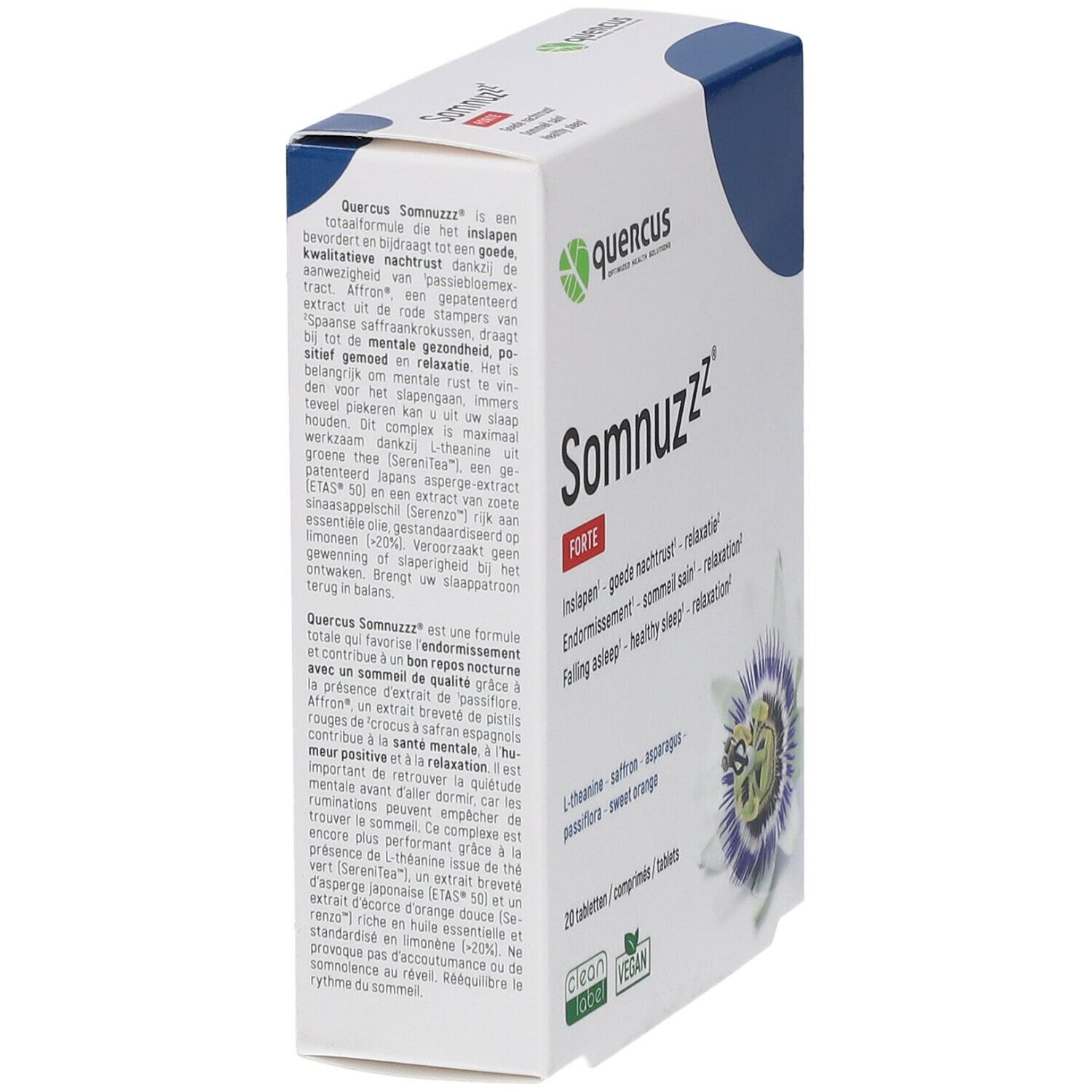 Quercus Somnuzzz® Forte verpakking, schuin. Witte doos met blauw deksel. Logo en productnaam zichtbaar. Tekst op de zijkant.