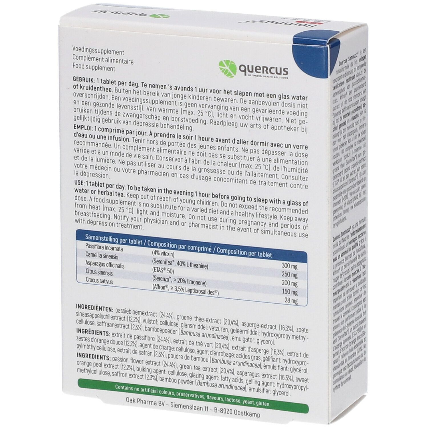 Achterkant van de Quercus Somnuzzz® Forte verpakking. Tekst over ingrediënten en gebruik. Logo en productnaam bovenaan.