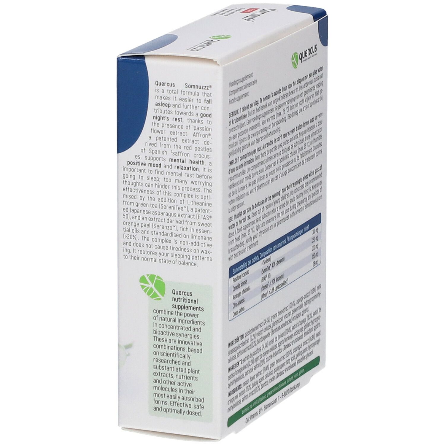 Zijkant van de Quercus Somnuzzz® Forte verpakking. Tekst over het product en de voordelen. Logo en productnaam zichtbaar.