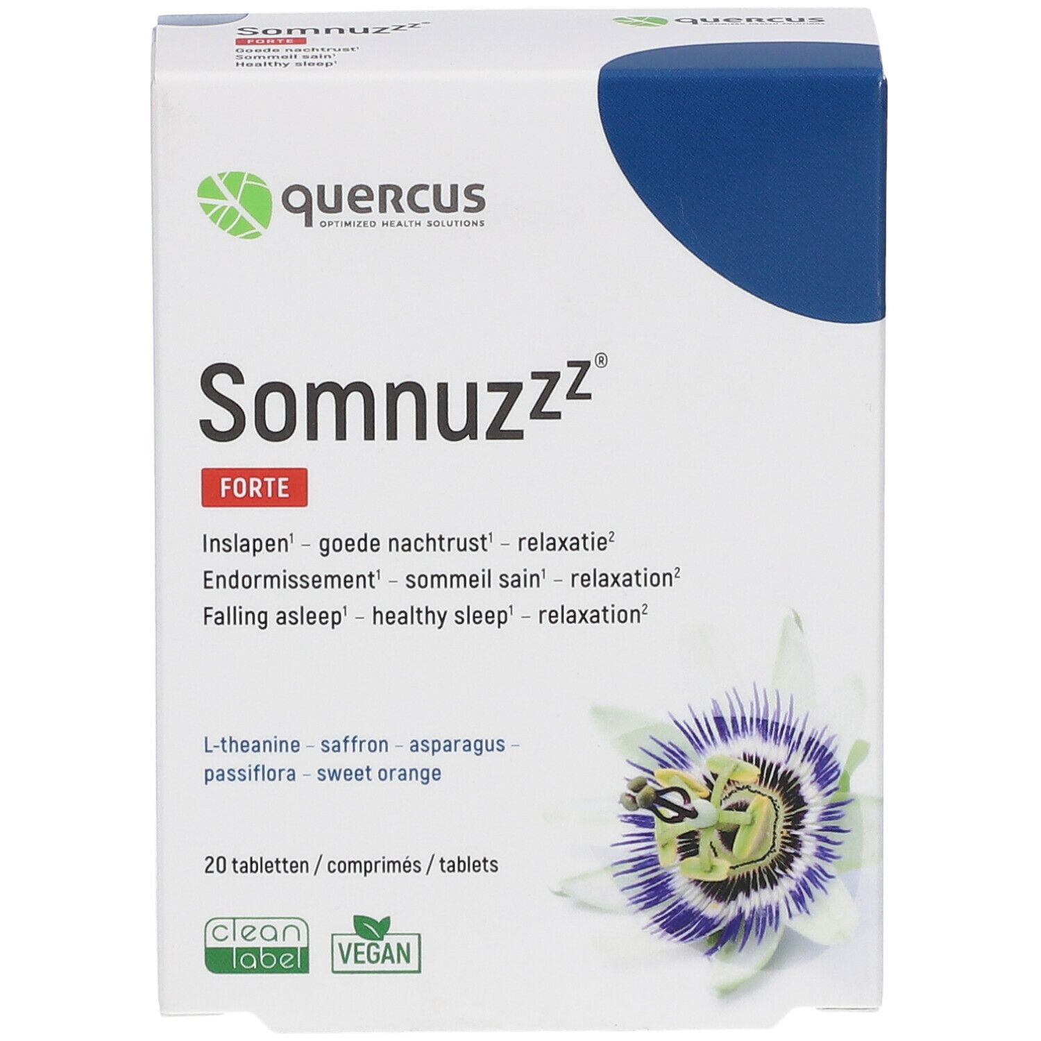 Quercus Somnuzzz® Forte verpakking. Witte doos met blauw deksel. Logo en productnaam duidelijk zichtbaar. 20 tabletten.