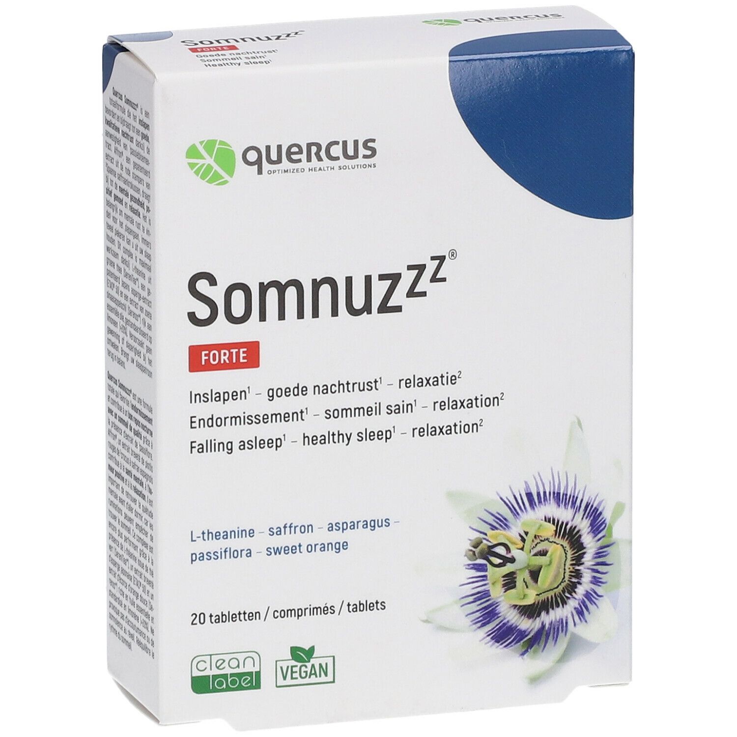 Quercus Somnuzzz® Forte verpakking. Witte doos met blauw deksel. Logo en productnaam duidelijk zichtbaar. 20 tabletten.