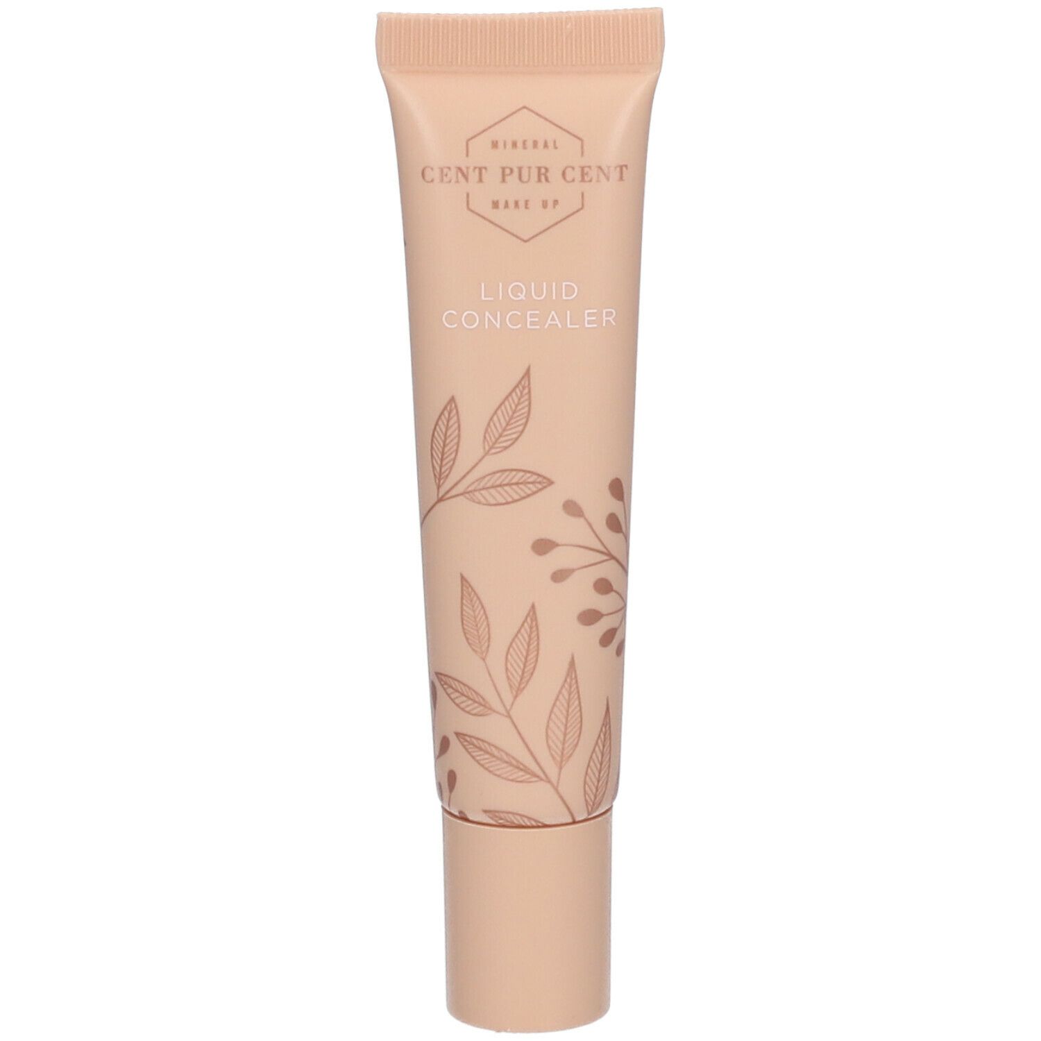 Beige tube met Liquid Concealer. Bloemenpatroon. Merk Cent Pur Cent.