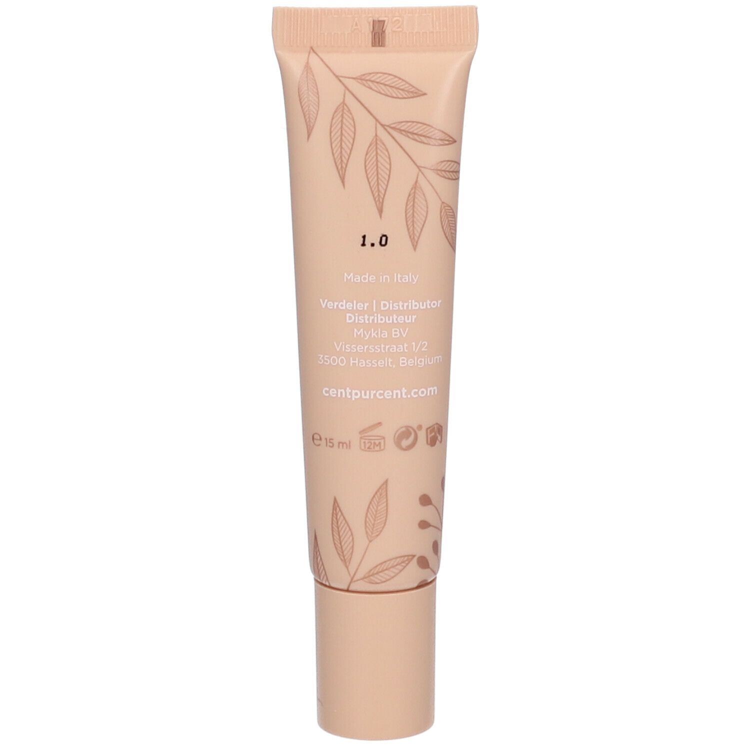 Achterkant tube. Tekst: 1.0, Made in Italy, centpurcent.com. Bloemenpatroon.