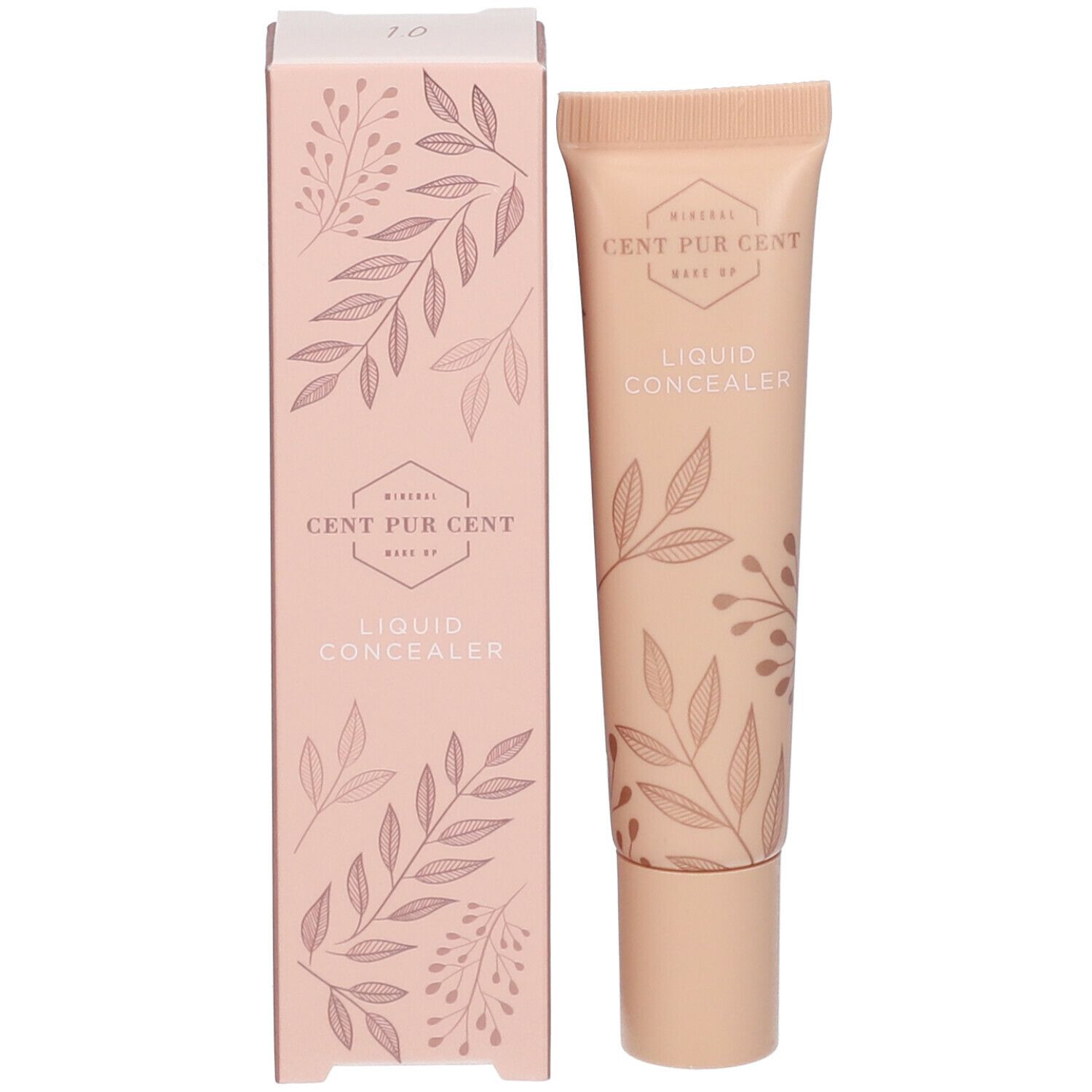 Tube en verpakking. Tube: Liquid Concealer. Verpakking: Cent Pur Cent, bloemen.