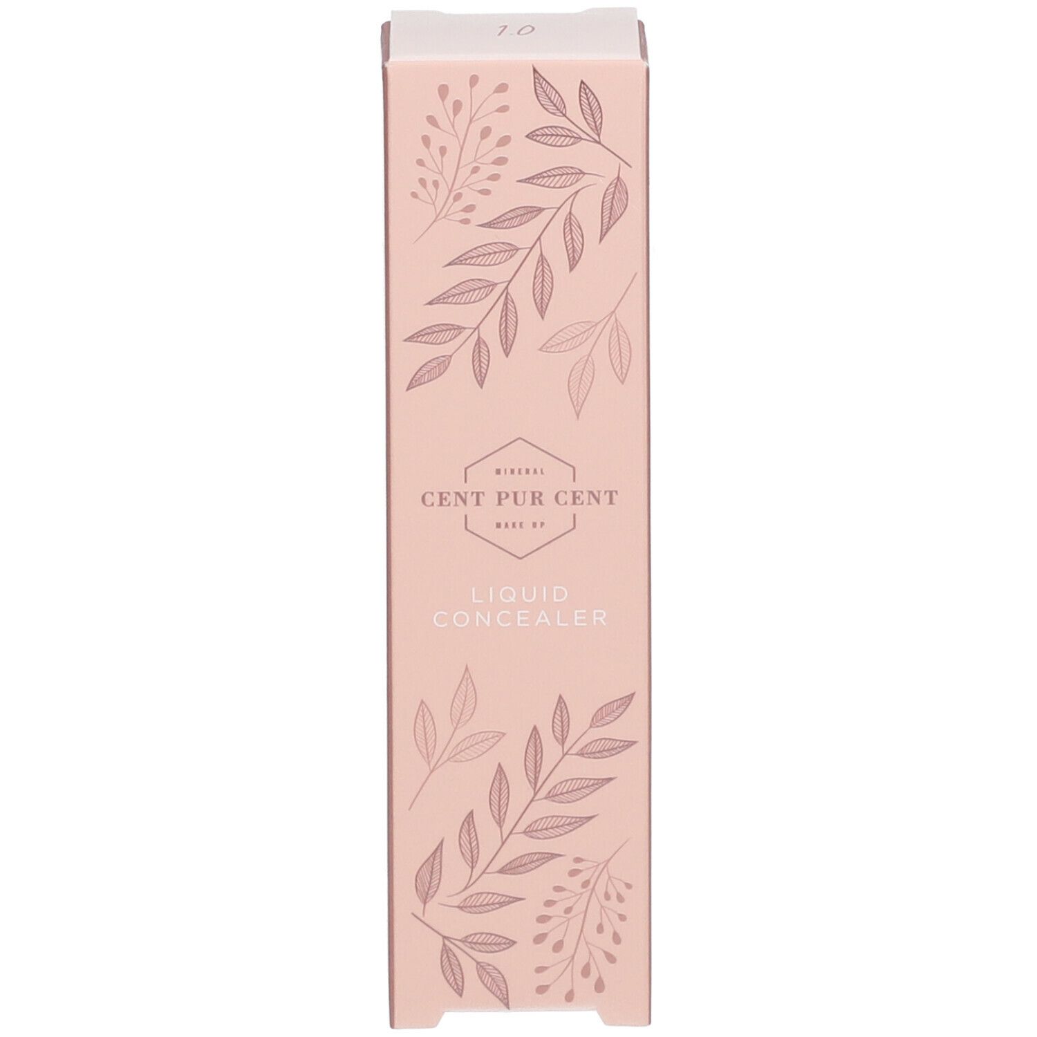 Roze verpakking. Tekst: Cent Pur Cent, Liquid Concealer. Bloemenpatroon.