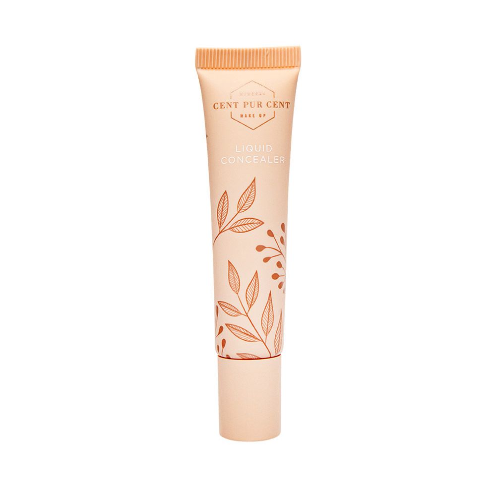 Cent Pur Cent Liquid Concealer 2.0, tube. Beige tube met tekst en bloemenpatroon.
