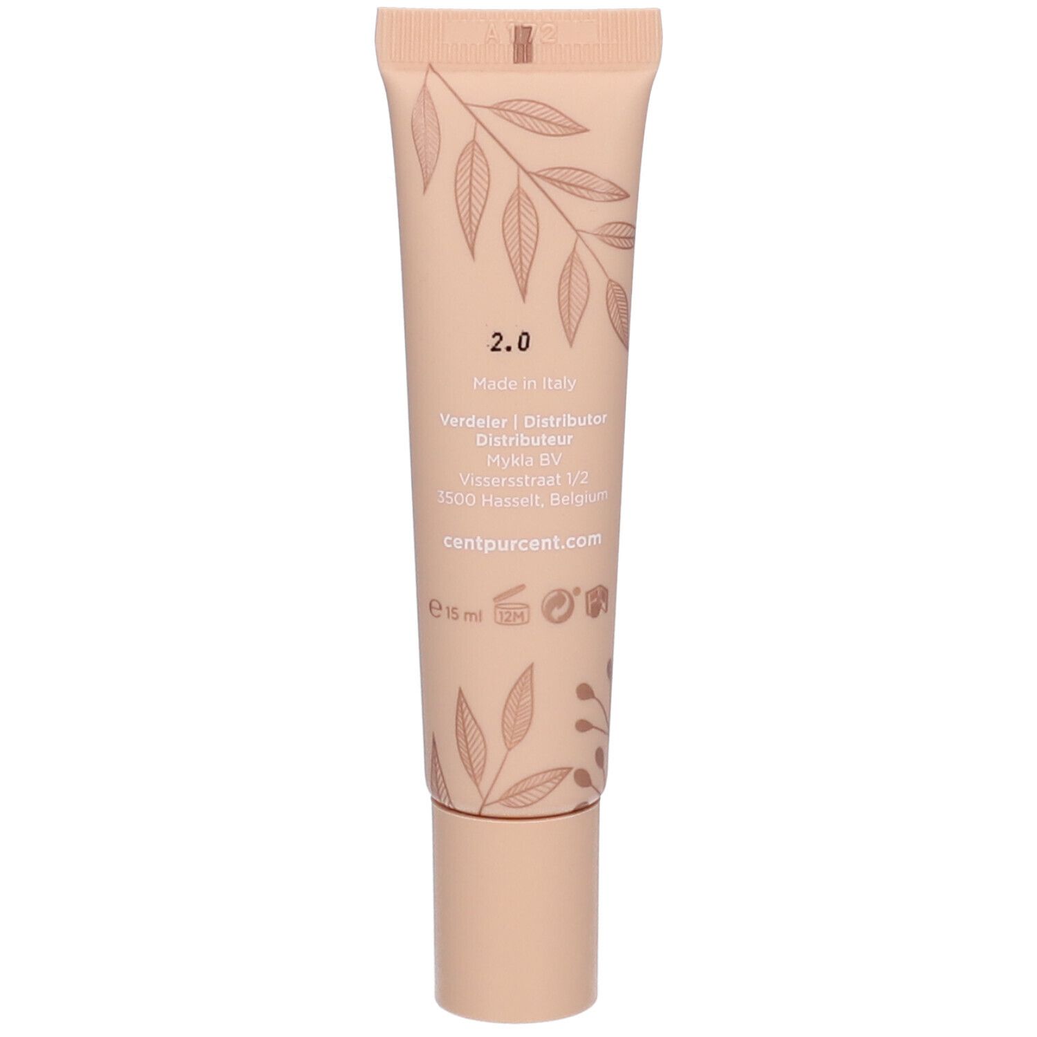 Achterkant van de Cent Pur Cent Liquid Concealer 2.0 tube. Tekst met productinfo en logo.