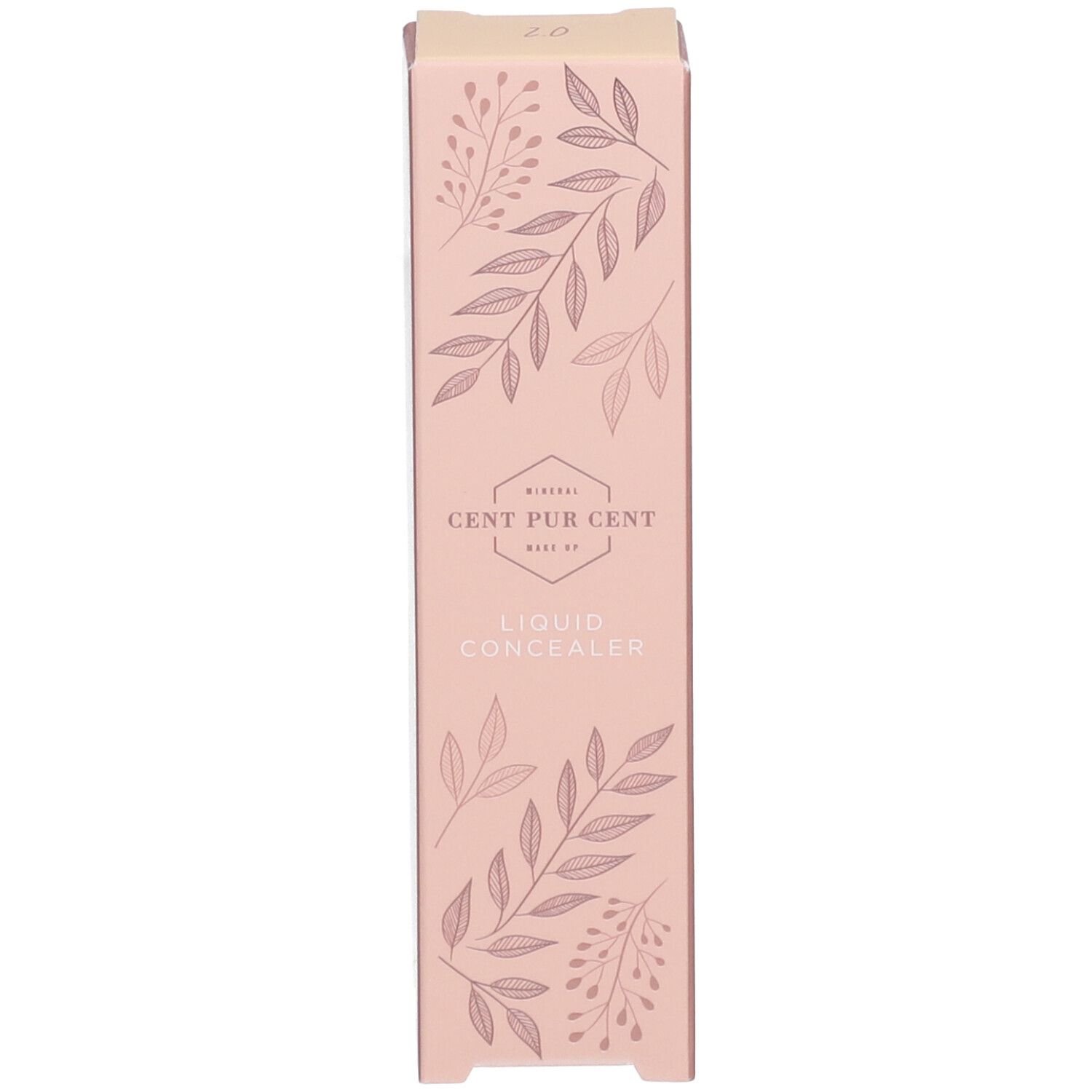 Verpakking van de Cent Pur Cent Liquid Concealer 2.0. Roze verpakking met bloemenpatroon.