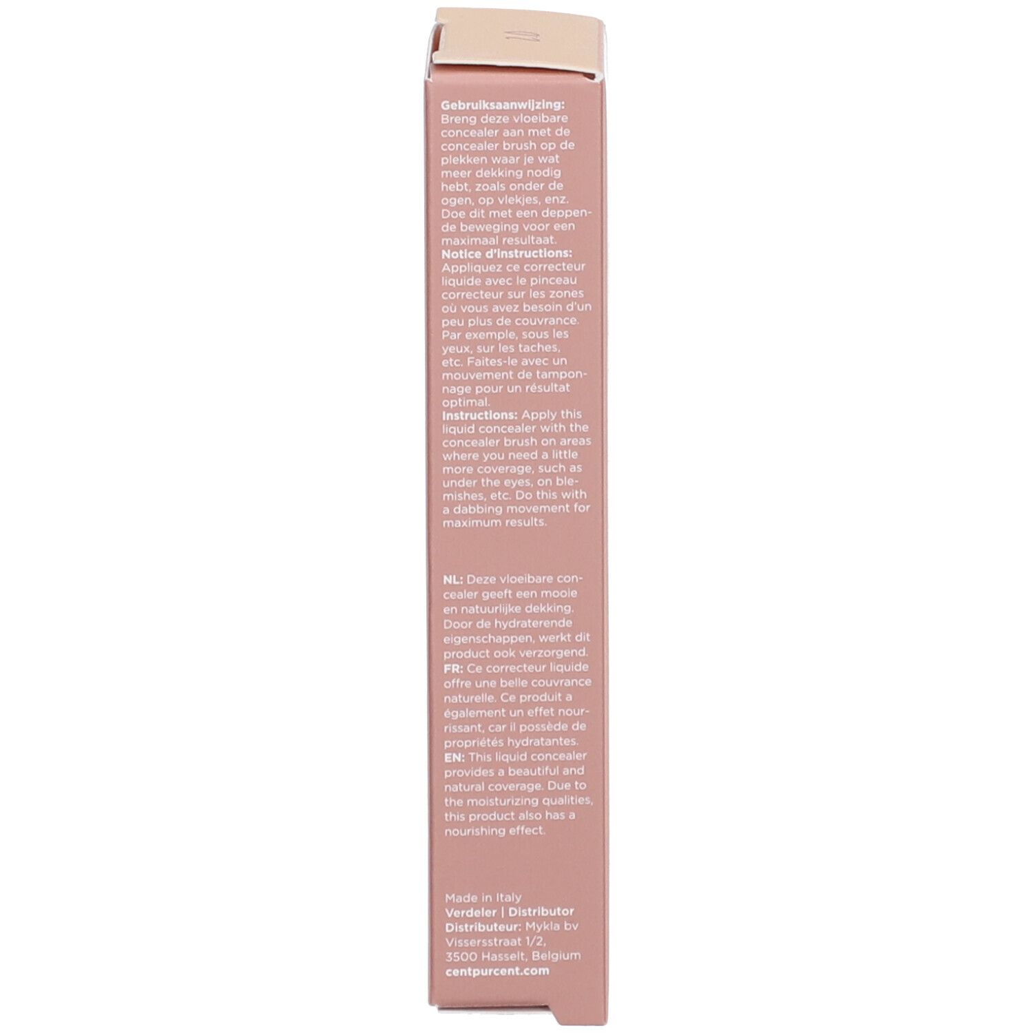 Verpakking van de Cent Pur Cent Liquid Concealer 2.0. Tekst met productinformatie.