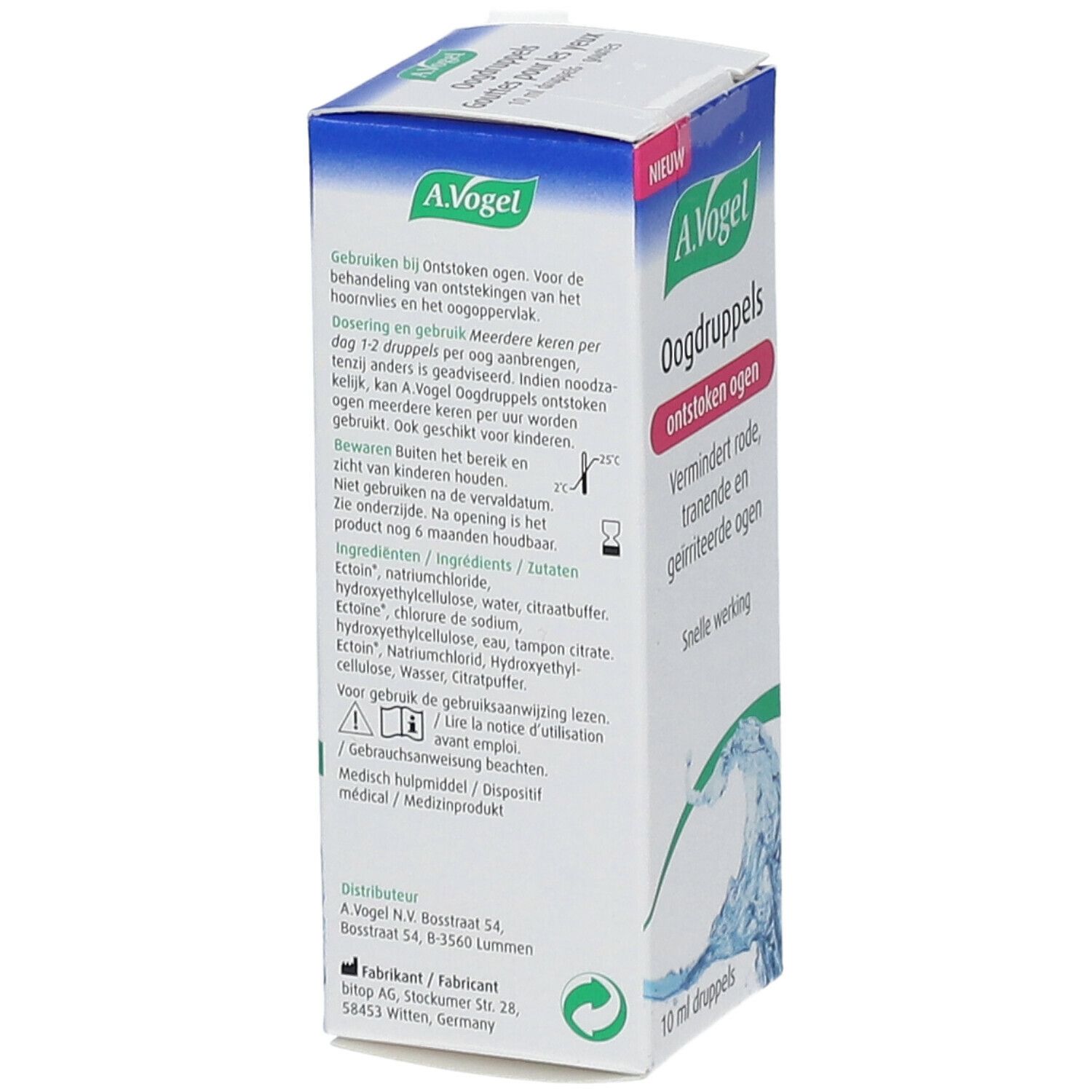 A.Vogel Oogdruppels. Verpakking met informatie. 10 ml. Ingrediënten en gebruiksaanwijzing.