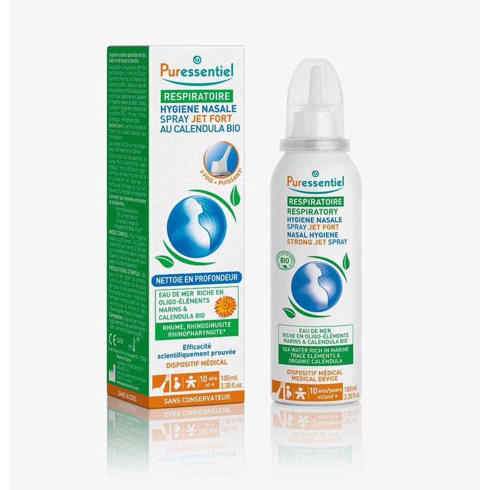 Spray nasal et emballage. Spray blanc, étiquette verte. Texte: Respiratoire, Jet Fort, Calendula Bio. Emballage: Vert, texte.