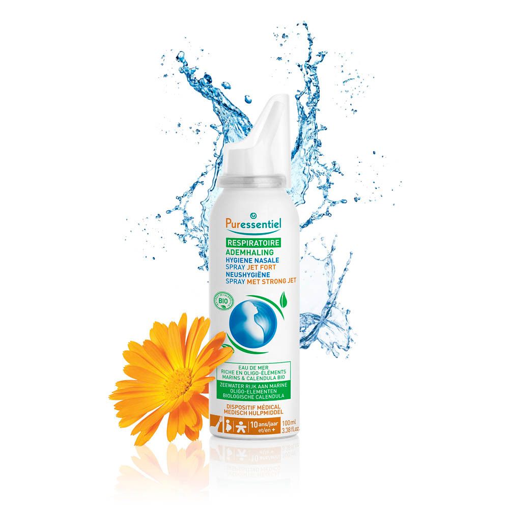 Spray nasal blanc, étiquette verte. Texte: Respiratoire, Jet Fort, Calendula Bio. Décor eau et fleur.