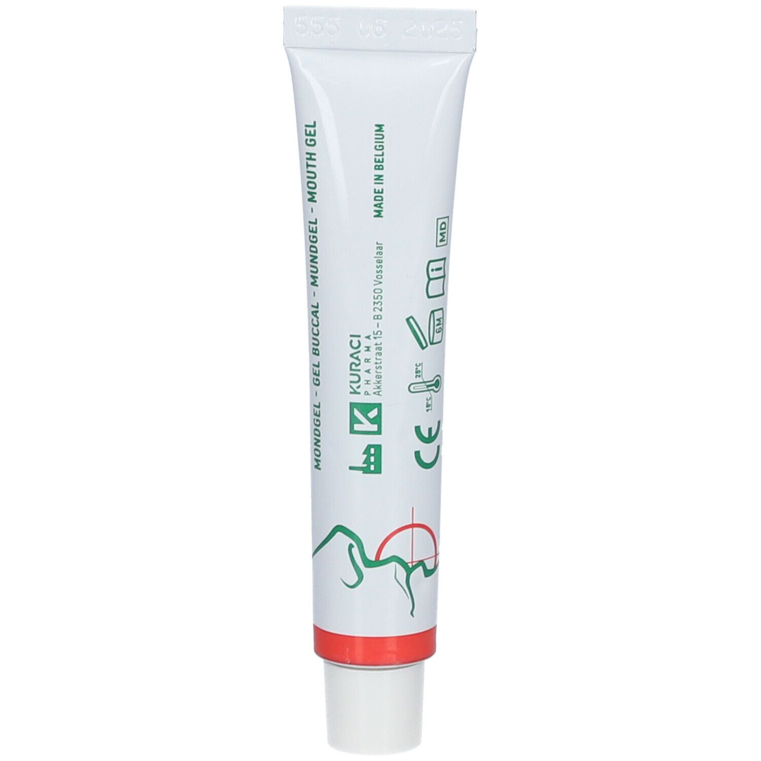 Tube blanc avec texte: MUNDGEL - GEL BUCCAL - MOUTH GEL. OROPROTECT, fabriqué en Belgique. Logo vert, bande rouge.