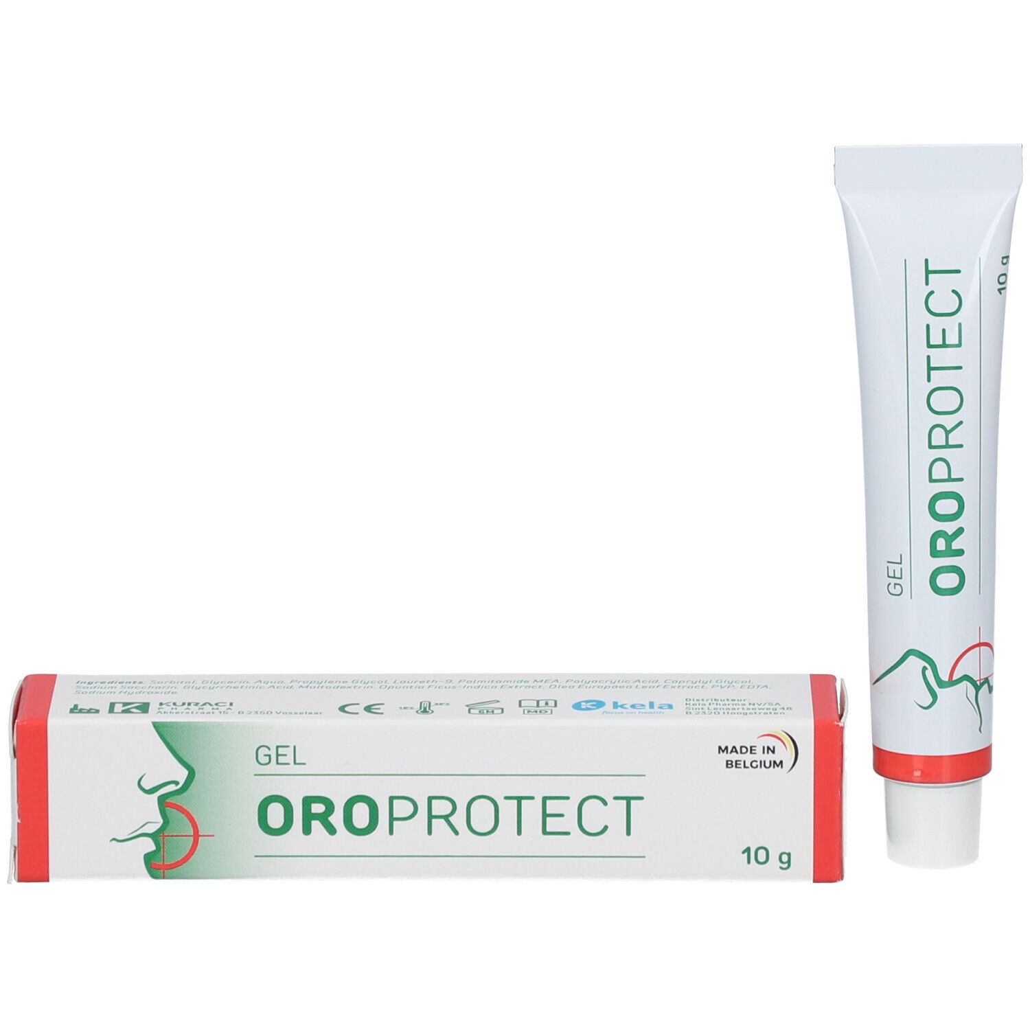 Boîte et tube. Boîte avec Gel OROPROTECT, 10 g. Tube avec logo vert et bande rouge.