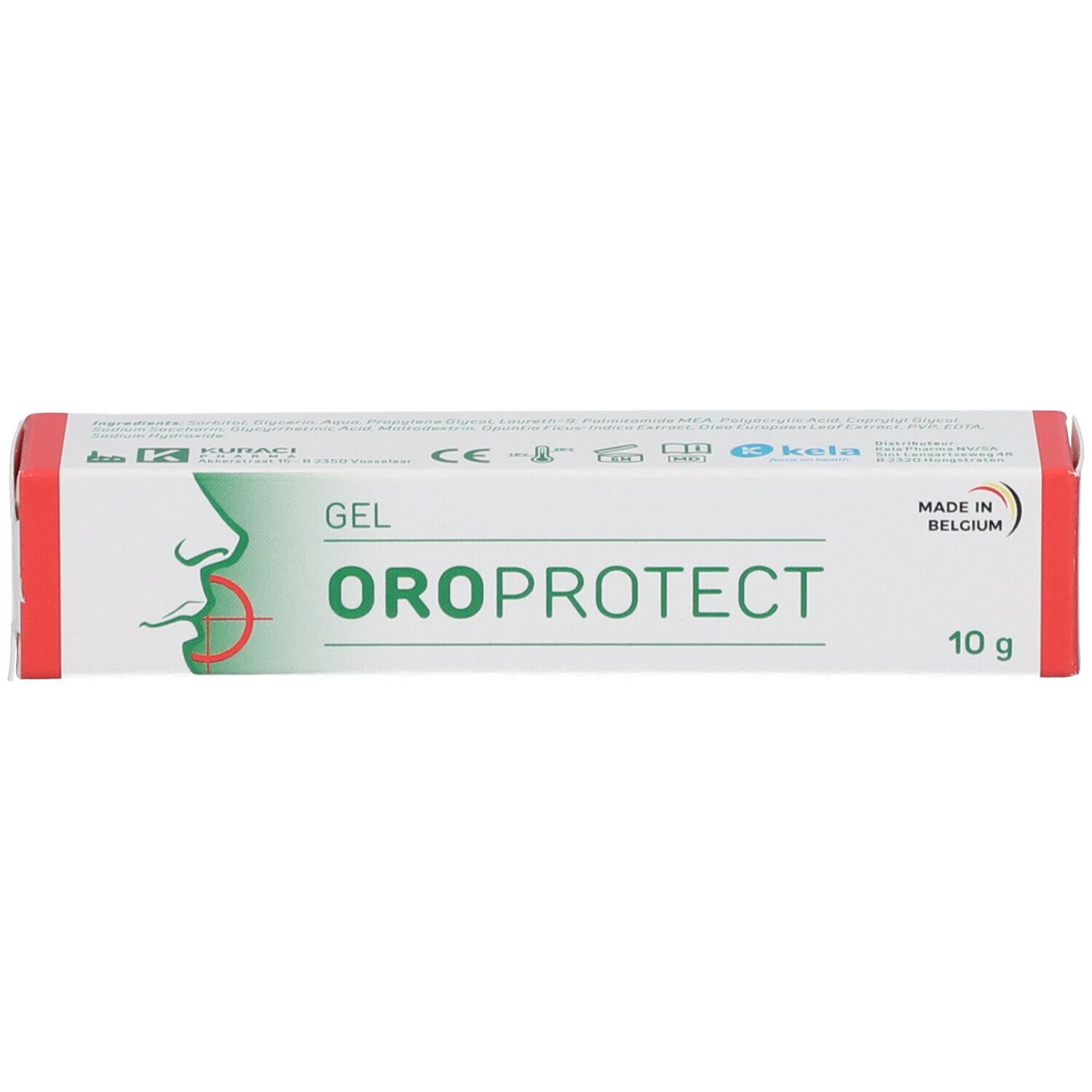 Boîte avec Gel OROPROTECT, 10 g. Logo vert, bande rouge. Fabriqué en Belgique. Profil d'une personne.