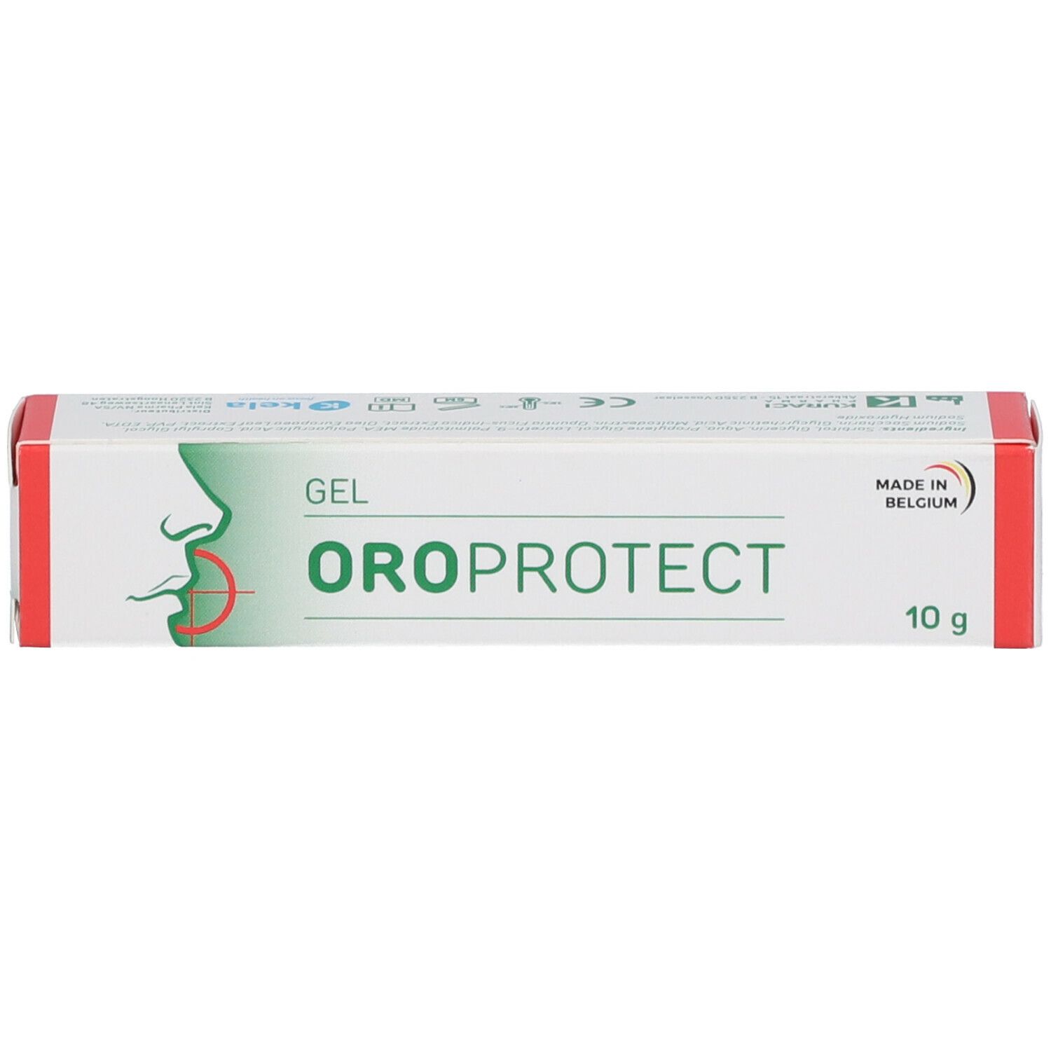 Boîte avec Gel OROPROTECT, 10 g. Logo vert, bande rouge. Fabriqué en Belgique. Profil d'une personne.