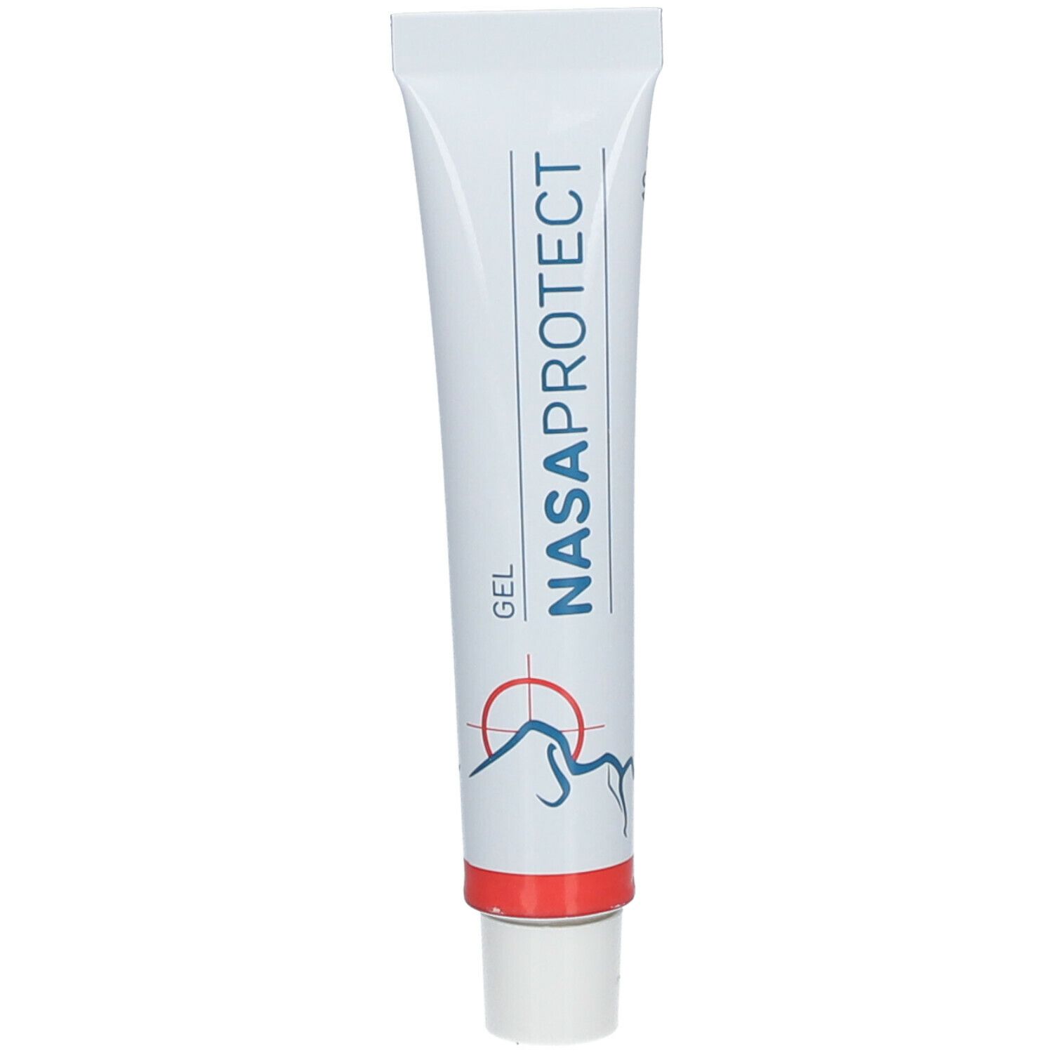 Tube blanc avec NASAPROTECT GEL en bleu. Bande rouge en bas. Symbole de nez.