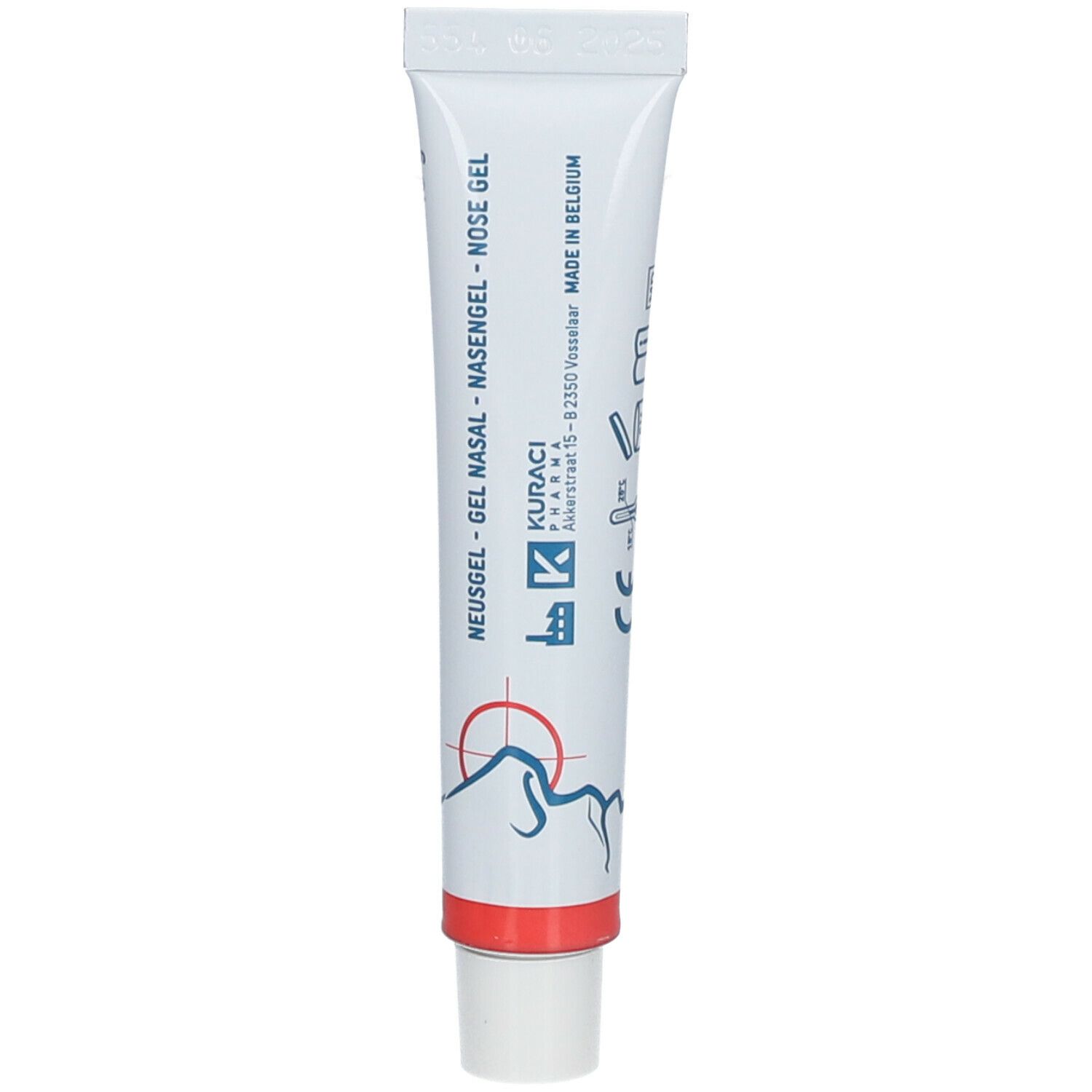 Tube blanc avec texte bleu: NEUSGEL GEL NASAL - NASENGEL. Bande rouge en bas. Symbole nez.