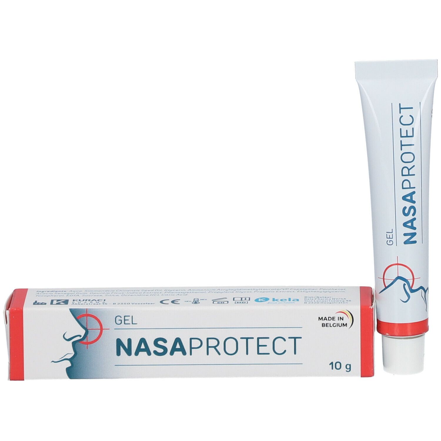 Boîte et tube. Boîte avec NASAPROTECT GEL, 10g. Tube avec NASAPROTECT GEL. Symbole nez.