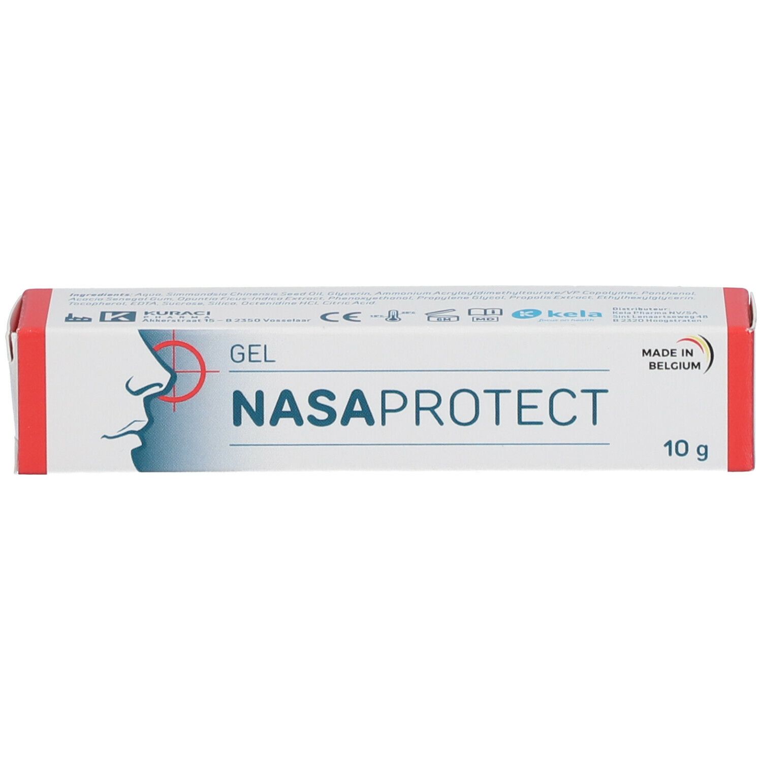 Boîte avec NASAPROTECT GEL, 10g. Symbole nez. Couleurs rouge et blanc. Fabriqué en Belgique.