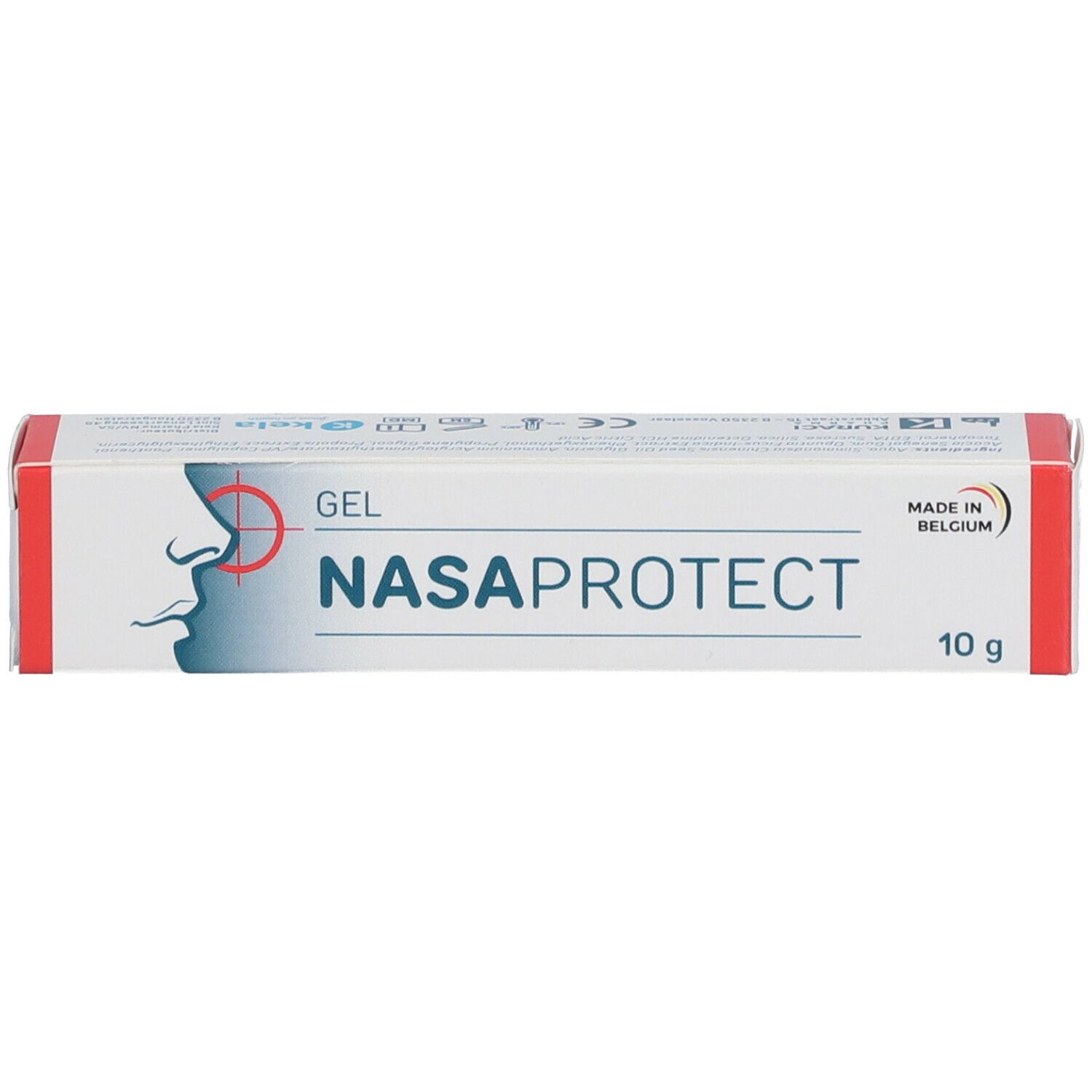 Boîte avec NASAPROTECT GEL, 10g. Symbole nez. Couleurs rouge et blanc. Fabriqué en Belgique.