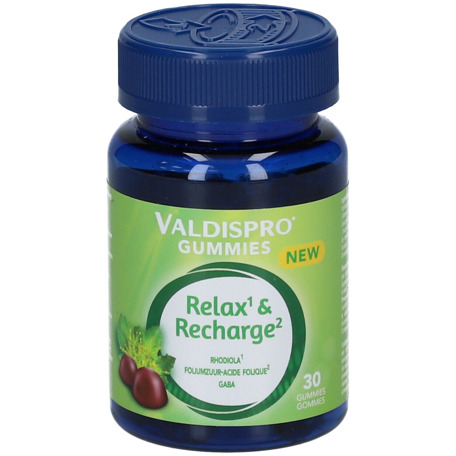 Blauwe fles met groen etiket. Opschrift: Valdispro Gummies Relax & Recharge. 30 gummies.