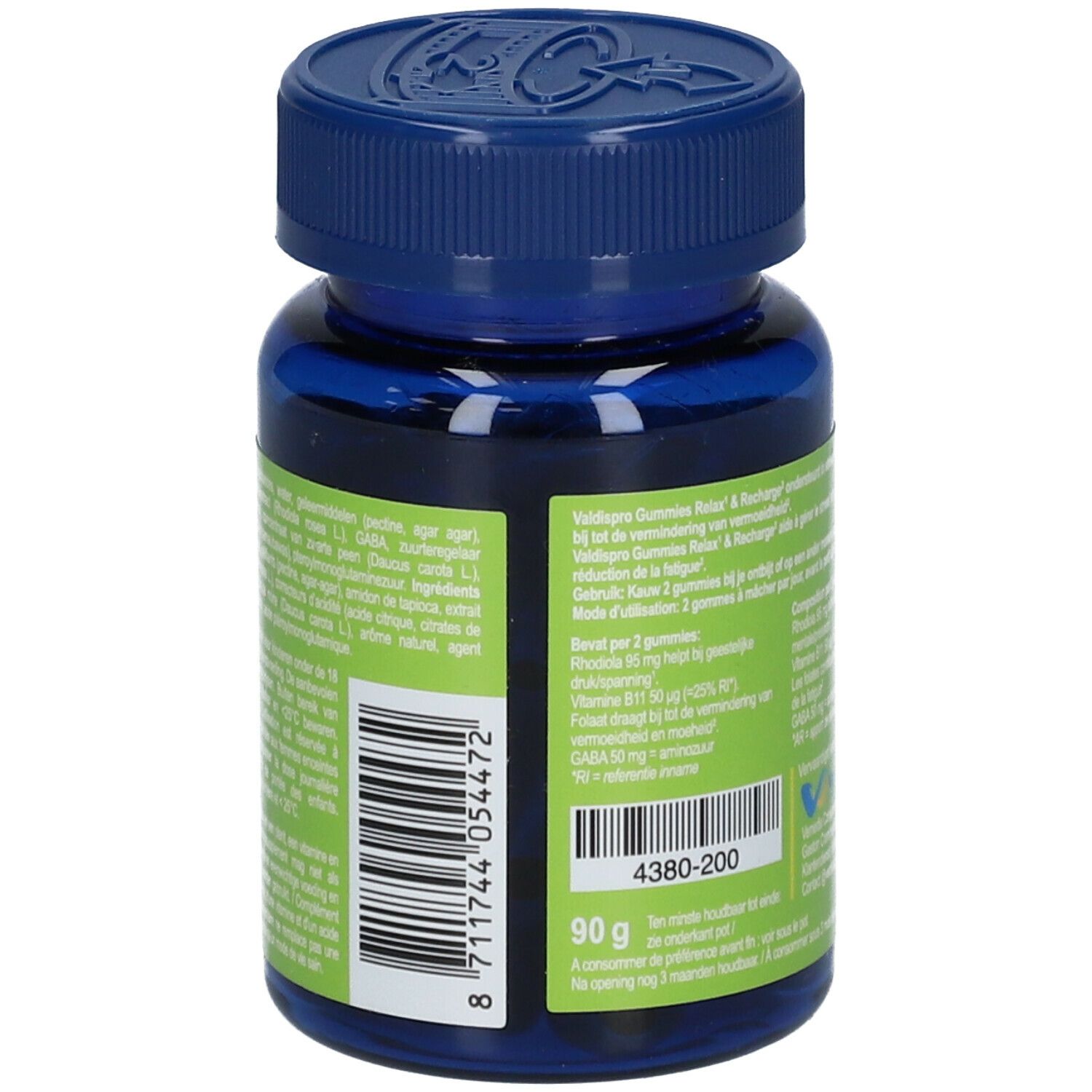 Blauwe fles met groen etiket. Tekst en informatie. 90 g. Barcode.