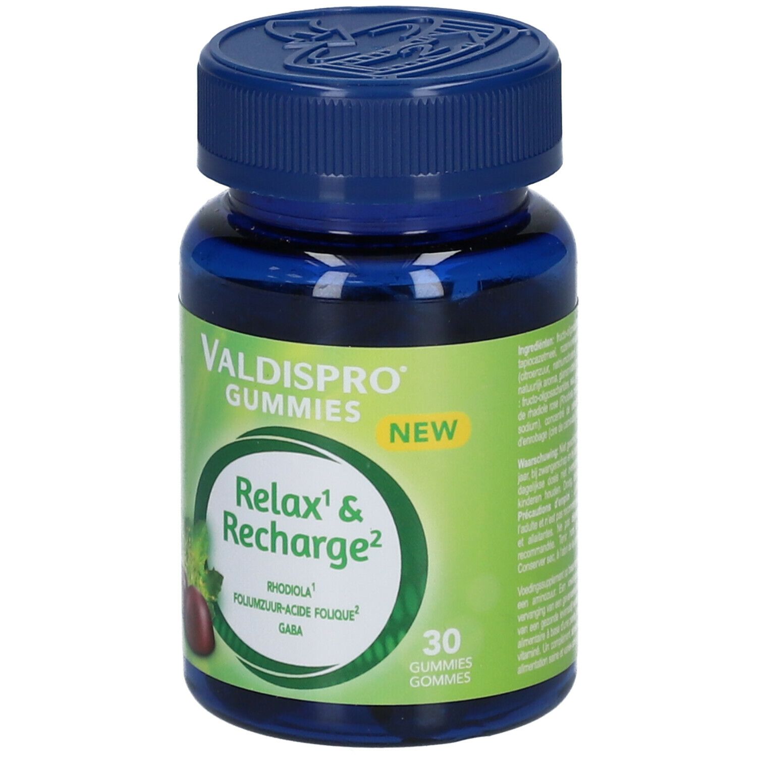 Blauwe fles met groen etiket. Opschrift: Valdispro Gummies Relax & Recharge. 30 gummies.